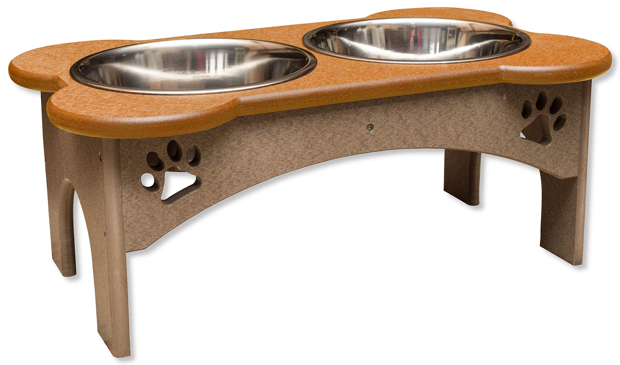 DutchCrafters Elevated Dog Bowl Stand - Bone-Shaped Raised Feeder with Paw Print Design, Includes 2 Stainless Steel Bowls - Durable Poly Plastic - Amish Handcrafted in USA - Perfect for Medium & Large Dogs Indoor/Outdoor Use