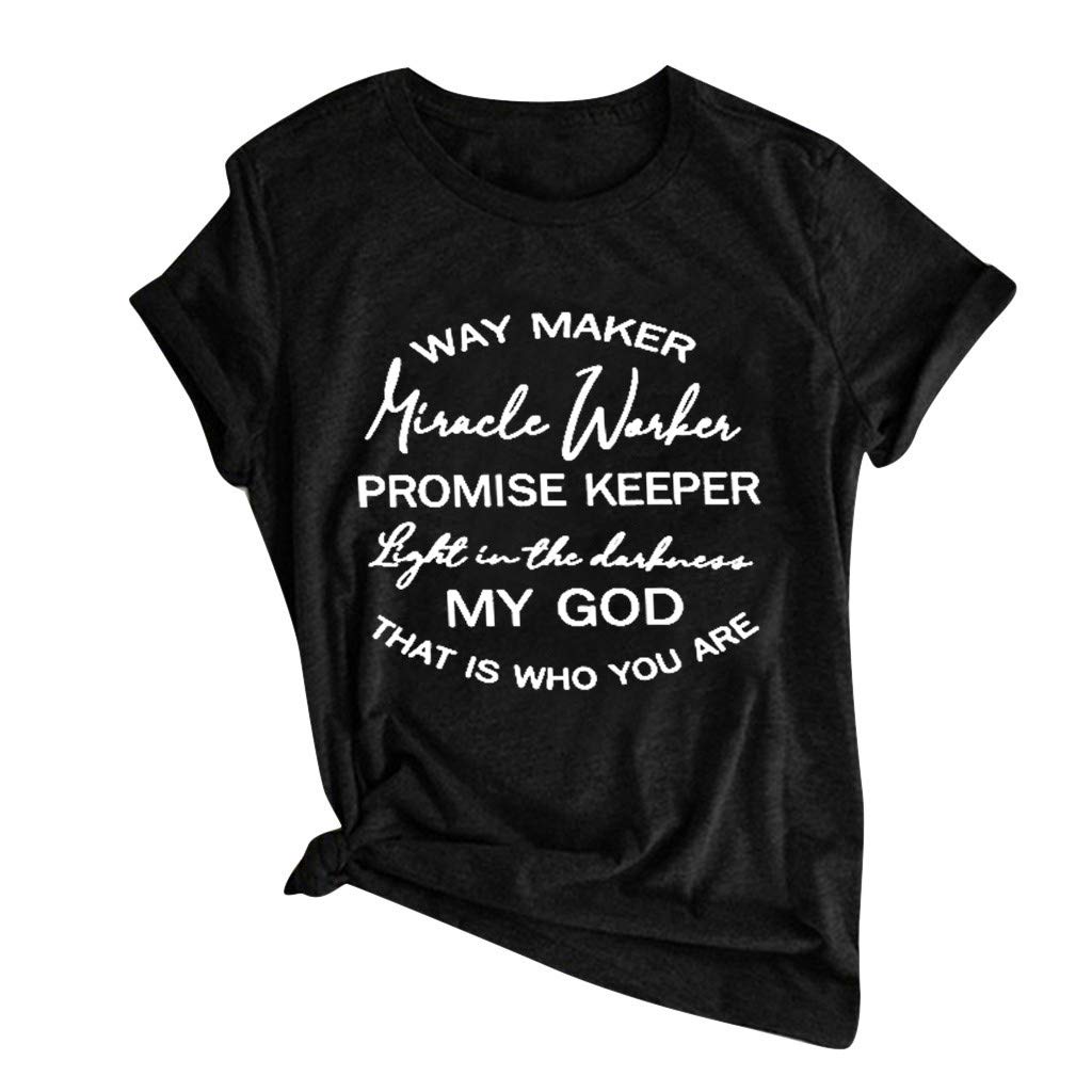 Women's Inspirational Letter Print Short Sleeve Graphic T-Shirt - Way Maker Miracle Worker Promise Keeper Christian Tee for Church, Worship & Everyday Wear