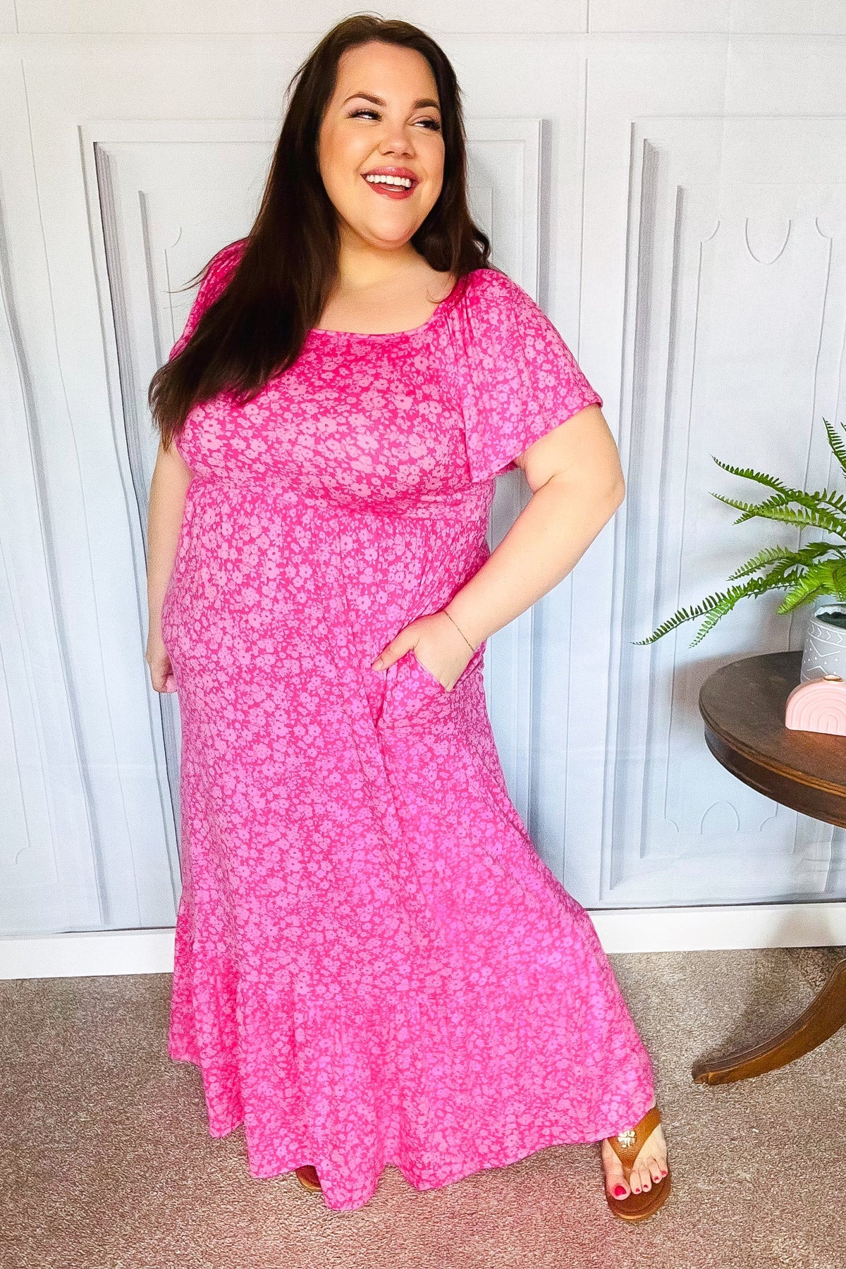 Perfectly You Fuchsia Ditzy Floral Fit & Flare Maxi Dress - Women's Summer Boho Beach Dress for Vacation, Wedding Guest & Outdoor Parties