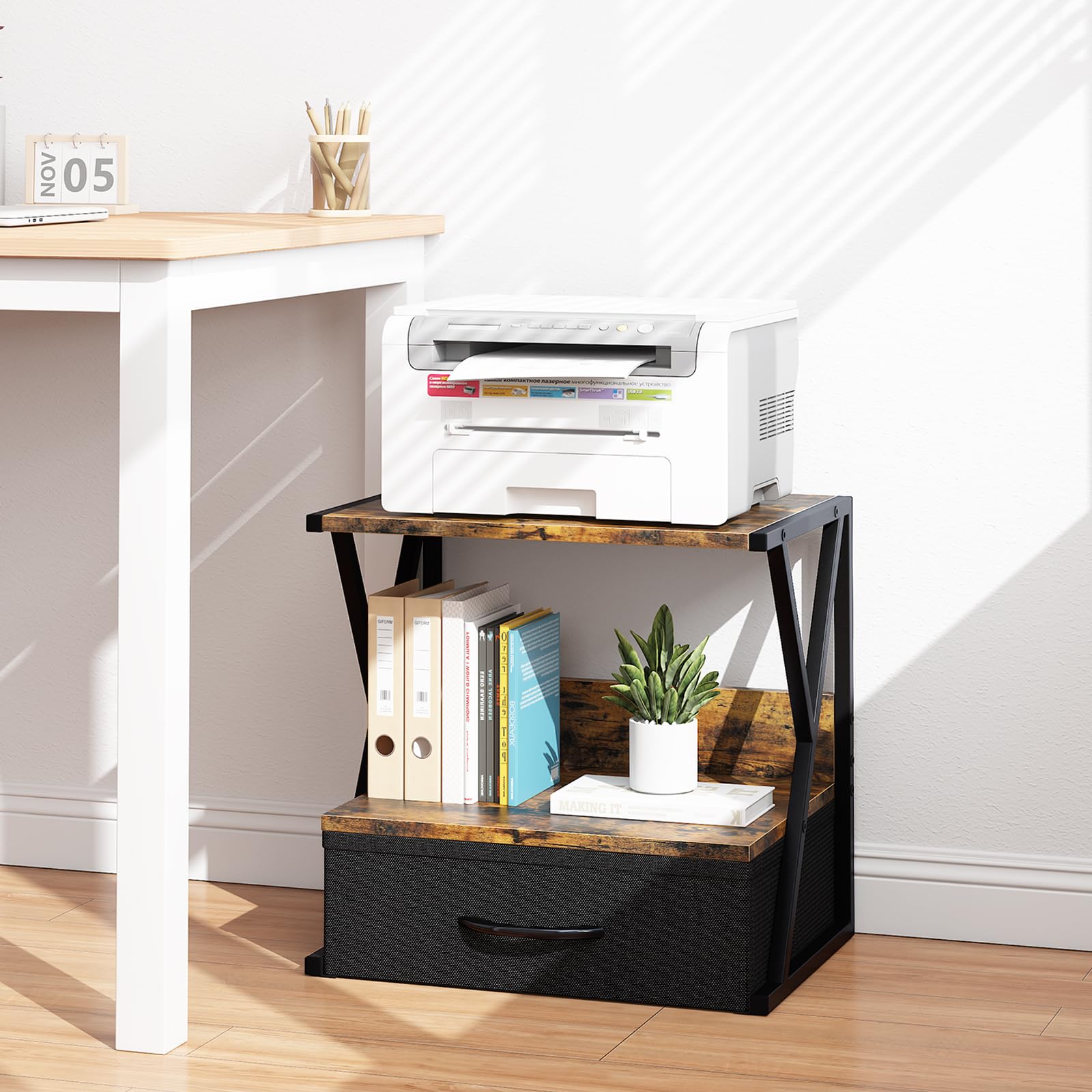 aboxoo 2-Tier Printer Stand with Storage Drawer - Rustic Brown Desk Organizer for Fax Machine, 3D Printer & Scanner - Space-Saving Home Office Solution for Under Desk or Desktop Use