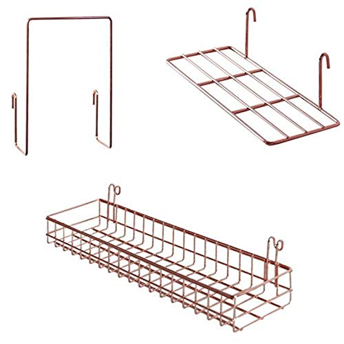 3-Piece Rose Gold Grid Wall Basket with Hooks - Decorative Bookshelf Display & Storage Organizer for Bedroom, Bathroom, Kitchen - Wall Mount Shelving Rack for Home Office Organization