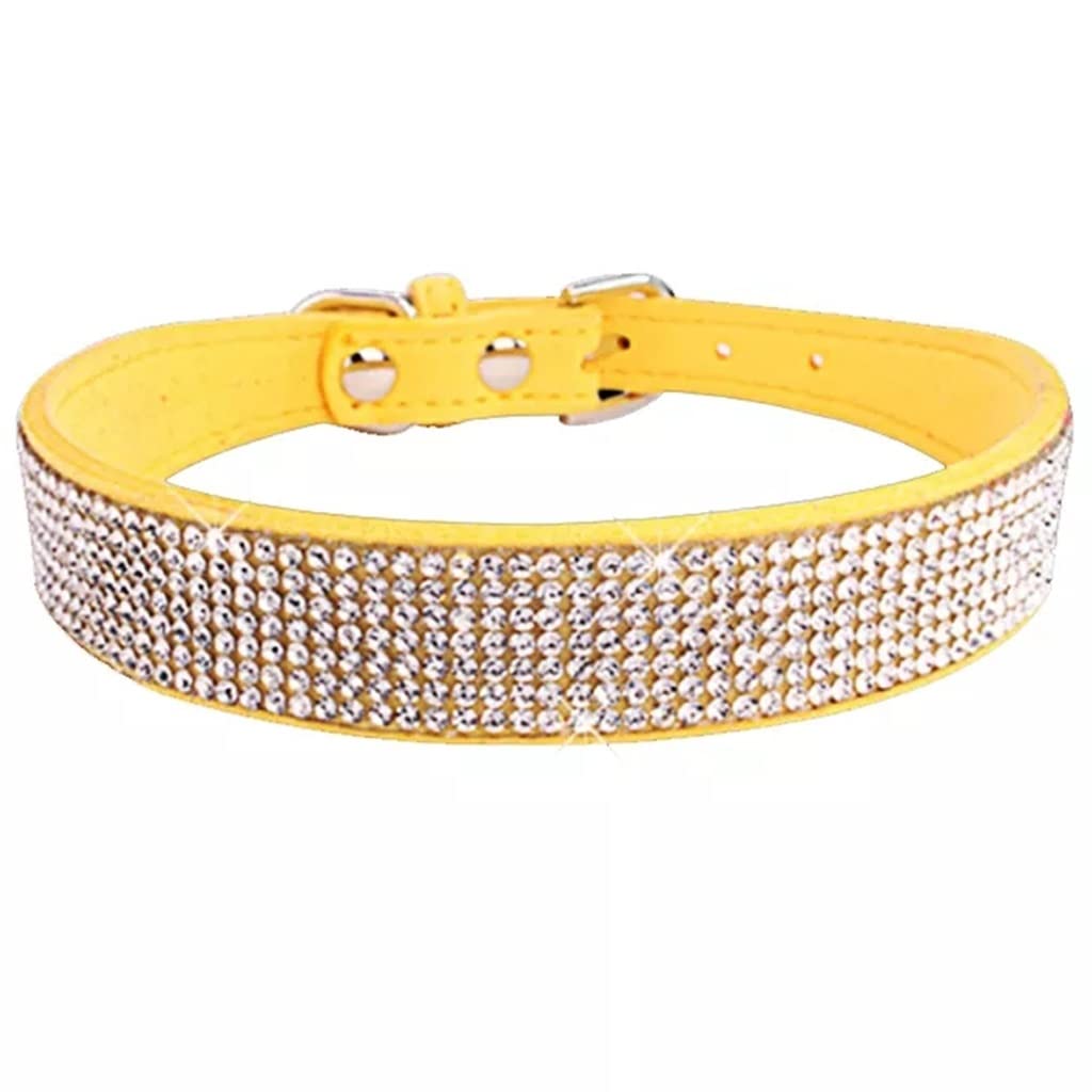 Sparkling Rhinestone Dog Collar with Suede Fiber & Zinc Alloy Buckle - Comfortable Glitter Crystal Pet Collar for Small Dogs & Cats (XS/S/M/L) - Yellow Color, Size S - Perfect for Daily Walks, Pet Parties & Photo Shoots