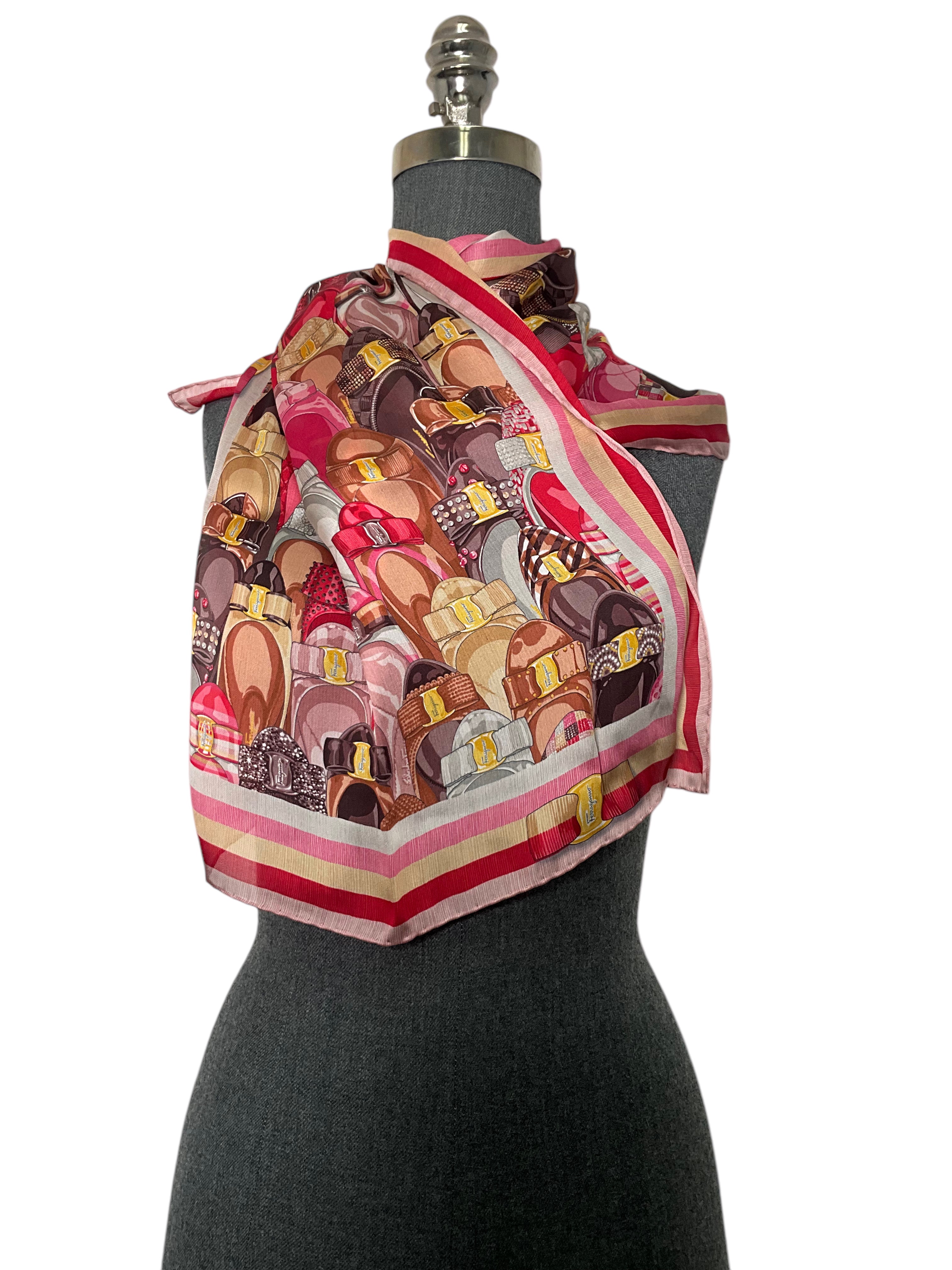 Salvatore Ferragamo Vara Bow Print Silk Scarf - Luxury Fashion Accessory for Women, Elegant Oblong Shawl - Perfect for Office, Party & Special Occasions