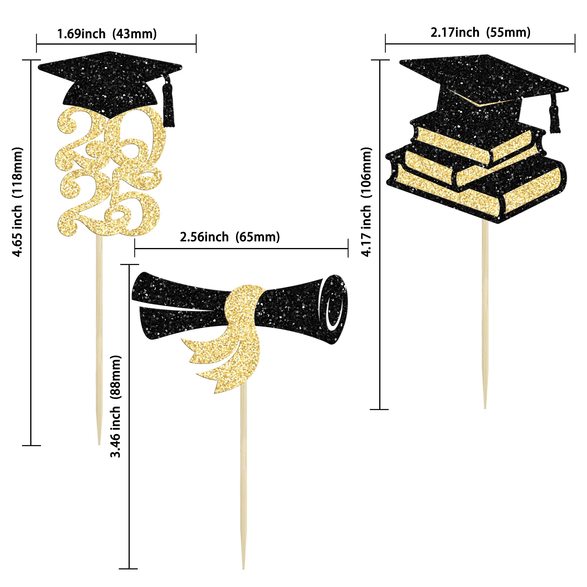 Ephlyn 24Pcs 2025 Graduation Cupcake Toppers - Glitter Diploma & Grad Cap Cake Decorations for Class of 2025 Party Supplies (Black & Gold) | Perfect for Graduation Celebrations, School Parties & Dessert Table Decor