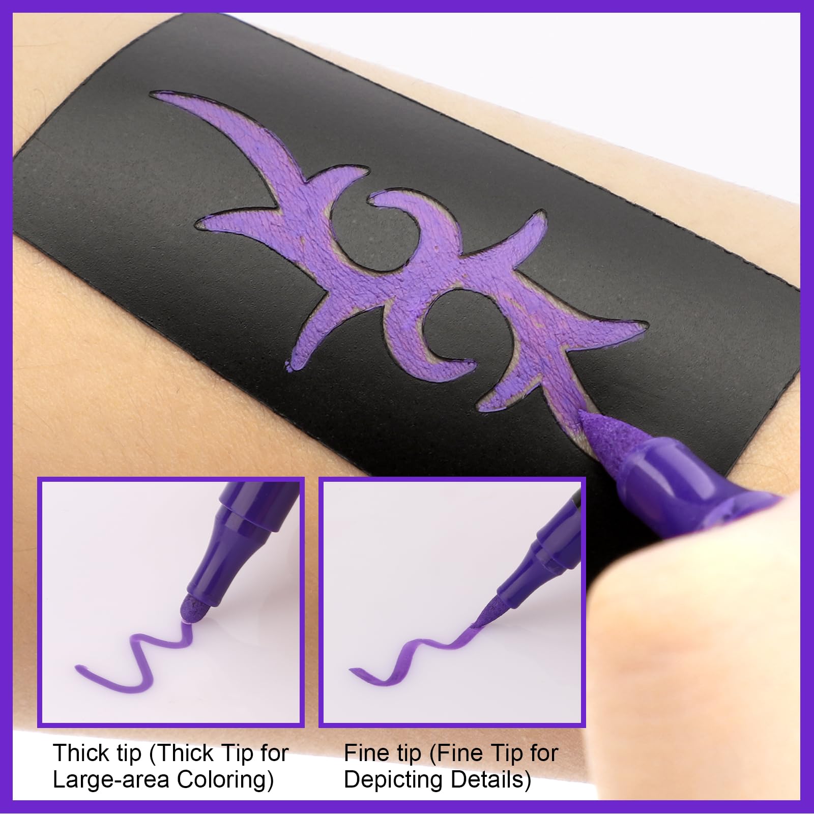 Ponhey Temporary Tattoo Markers Kit - 12 Dual-End Skin Markers & 67 Large Stencils for Adults | Cosmetic-Grade, Skin-Safe Body Art Pens with Fine Tip | Perfect for Halloween, Costume Parties, Festivals & Face Painting