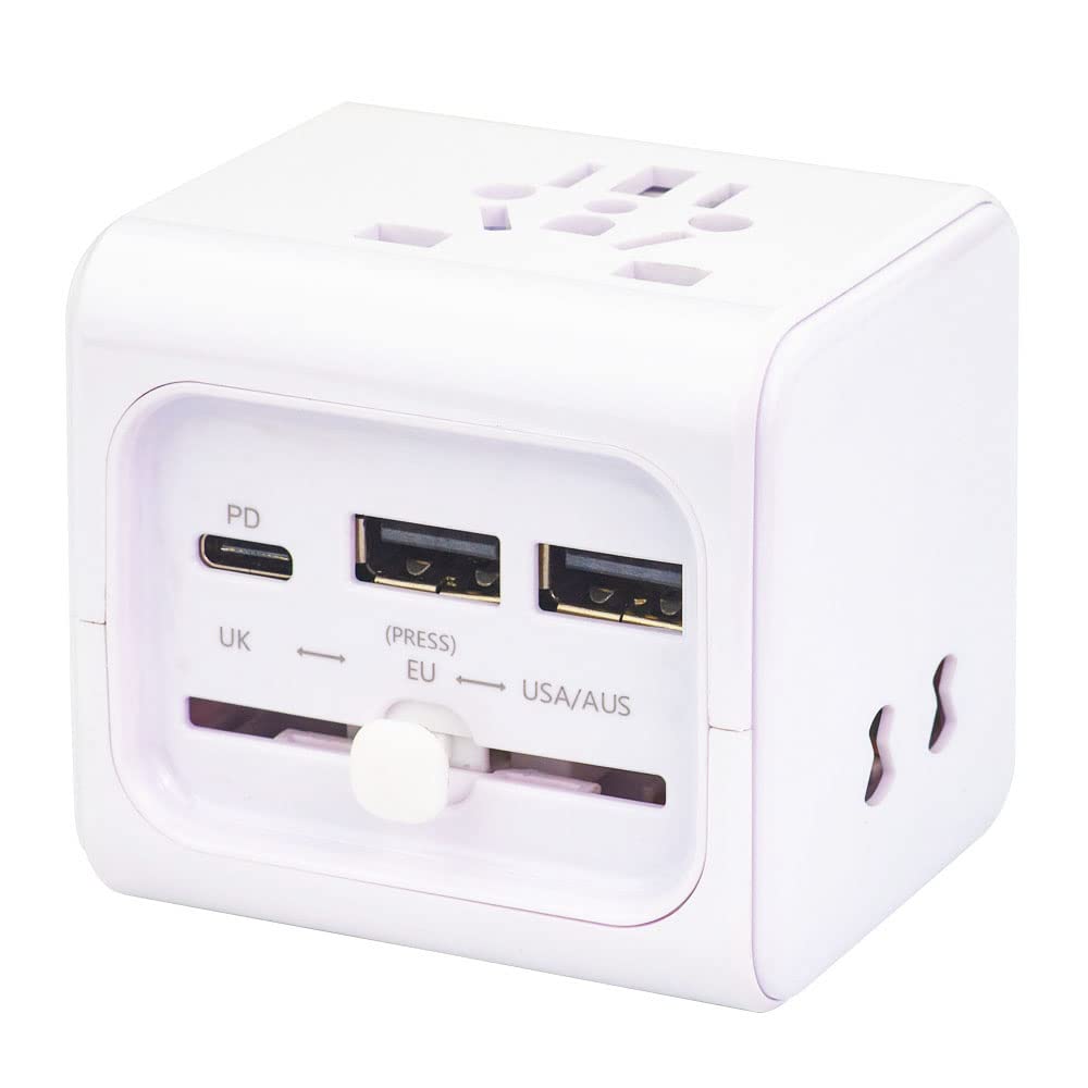 Universal Travel Adapter with 2 USB Ports & Type-C - Worldwide International Power Plug Converter for USA UK Europe Australia Asia (150+ Countries) - Perfect for Business Trips, Vacations & Global Travel (White)