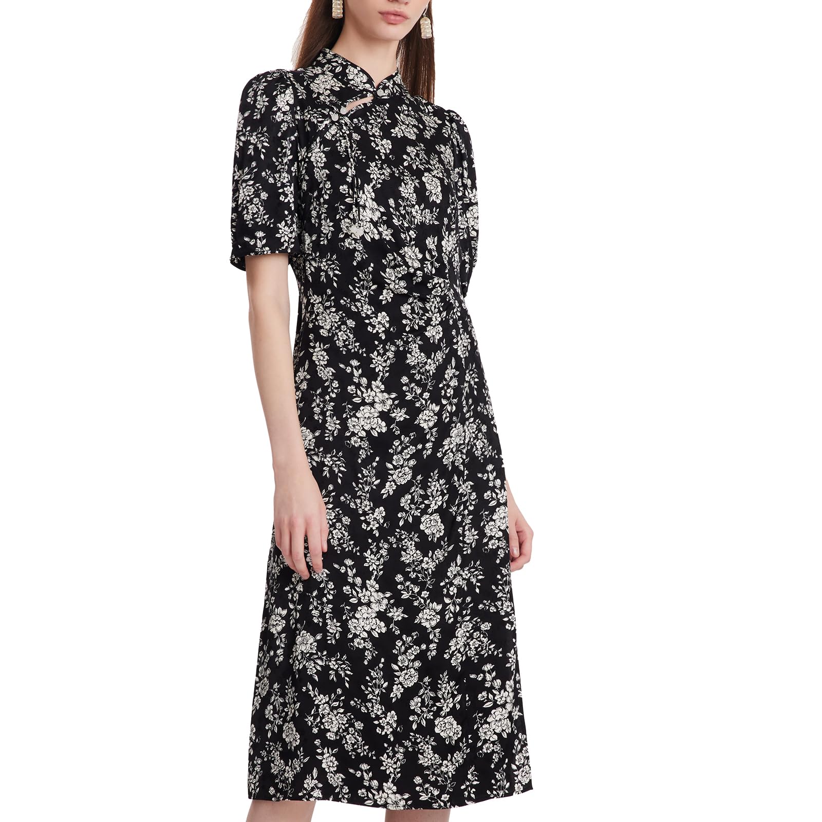 Elegant Women's Cheongsam Dress - Short Puff Sleeve Mini Qipao with Rose Print for Wedding Guest & Summer Events | Chinese Traditional Style Party Dress for Cocktail, Banquet & Cultural Celebrations