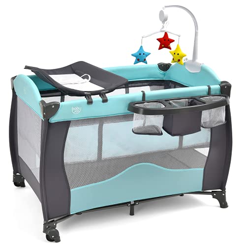 **BABY JOY 4-in-1 Portable Playard with Bassinet, Changing Table & Storage Basket – Lightweight Travel Crib for Newborns & Toddlers – Indoor, Outdoor & Nursery Use with Toy Bar, Lockable Wheels & Carry Bag**    *(Perfect for Home, Travel, Camping & Playdates – Easy Setup & Compact Storage!)*