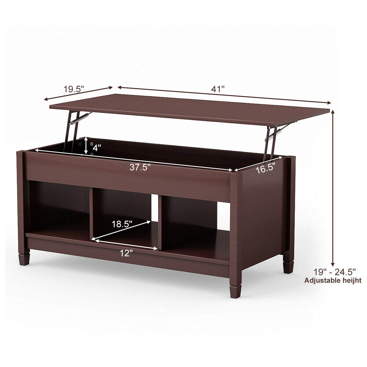 Lift Top Coffee Table with Hidden Storage Compartment & Display Shelves - Retro Espresso End Table for Living Room, Bedroom, Home & Office - Perfect for Tea Time, Dining, and Extra Storage Space