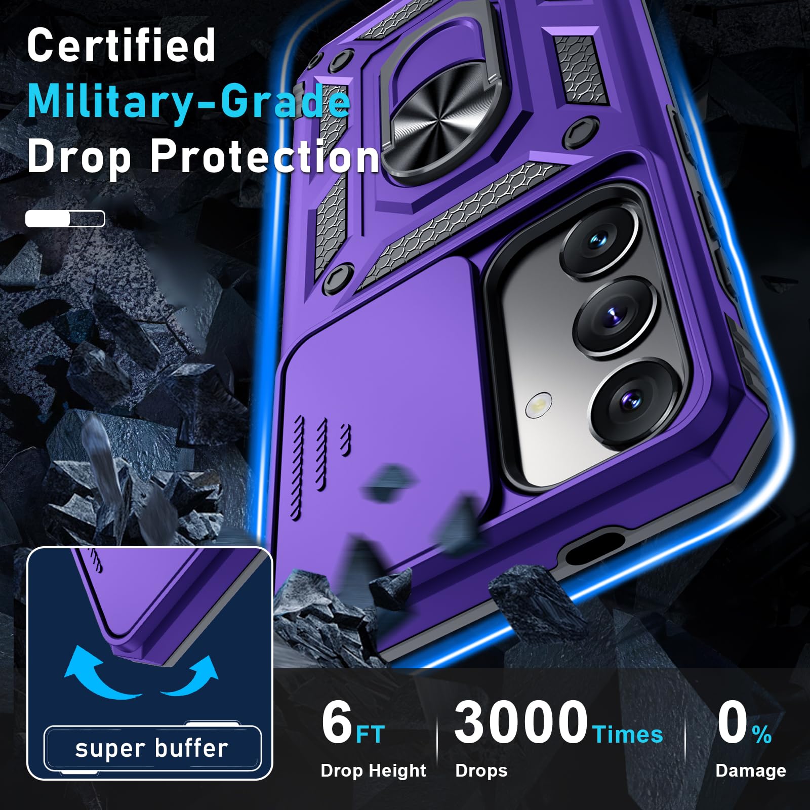 Janmitta Heavy Duty Shockproof Full Body Phone Case for Samsung Galaxy S25 Plus/S24 Plus - Built-in Slide Camera Lens Cover, Screen Protector & Finger Ring Holder Kickstand - Purple | Perfect for Outdoor Activities, Travel & Daily Protection