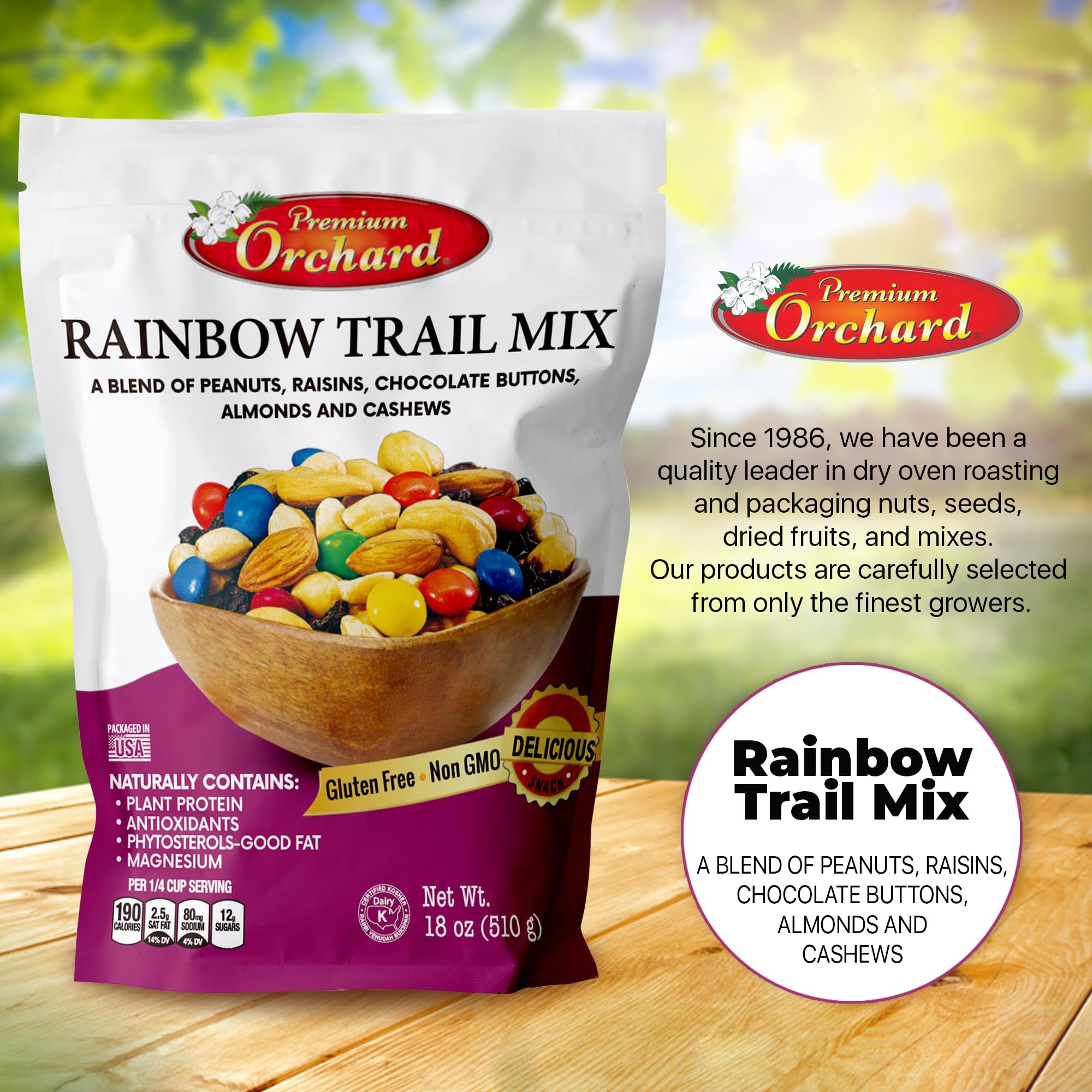 Premium Orchard Rainbow Trail Mix - Healthy Snack Pack with Peanuts, Raisins, Cashews, Almonds & Chocolate Buttons | Gluten-Free, Heart-Healthy Mixed Nuts for Adults & Kids | Perfect for Hiking, School Lunches & Office Snacks