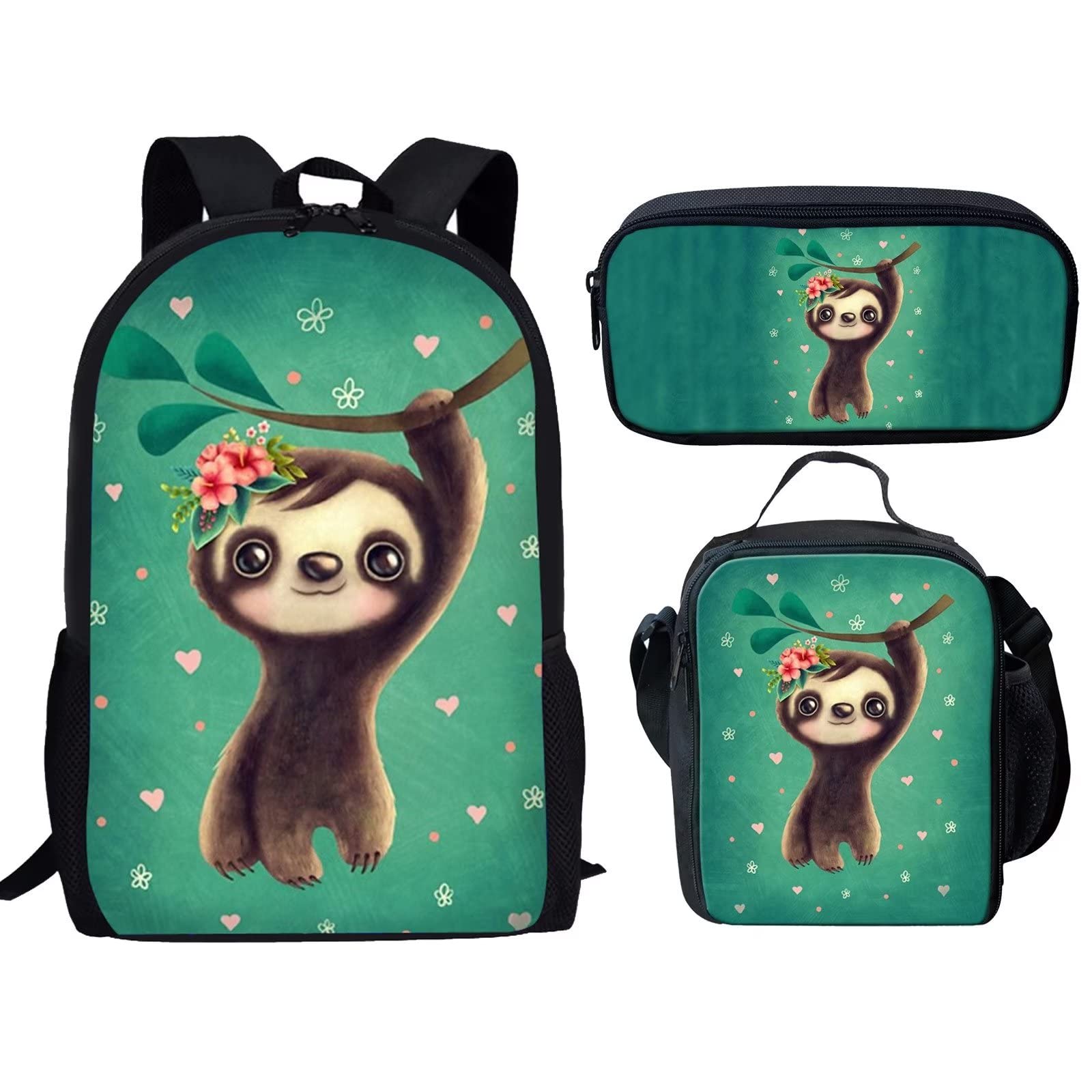 Showudesigns Sloth School Backpack for Girls - Large Capacity Cute Animal Backpack with Lunch Box & Pencil Case - Perfect for School, Travel, Sports & Casual Use (Turquoise)