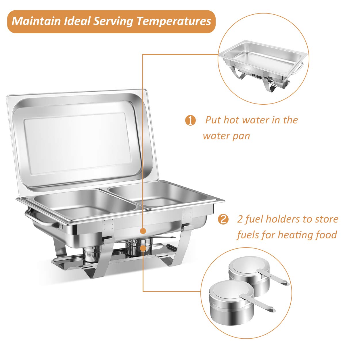 Giantex 2-Pack 9 Qt Stainless Steel Chafing Dishes with Removable Lids & Frame Stand - Buffet Serving Pans with Water Pan & Fuel Holders for Catering, Parties, Weddings & Events - Perfect for Keeping Food Warm at Buffets, Banquets & Outdoor Gatherings