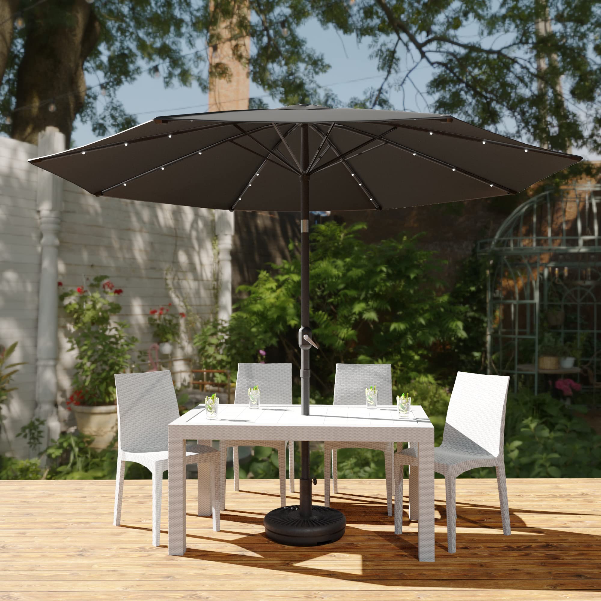 LeisureMod Sierra 9' Outdoor Patio Umbrella with Crank & Tilt Mechanism & Solar LED Lights - Perfect for Backyard, Poolside, and Garden Relaxation