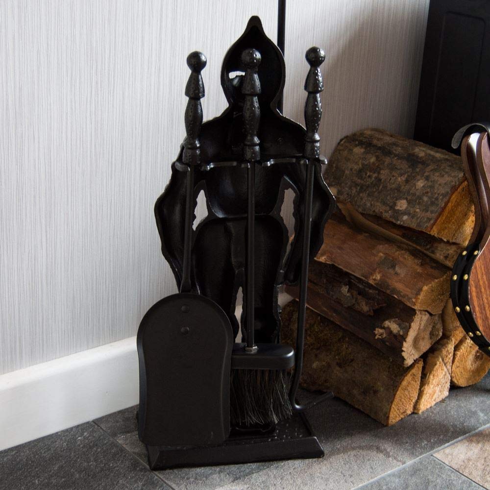 Dark Knight Fireplace Tool Set - Heavy Duty Black Cast Iron Fireplace Accessories for Home & Outdoor Use | Fireplace Poker, Shovel, Brush & Stand | Rust-Resistant & Durable for Fireplace Maintenance