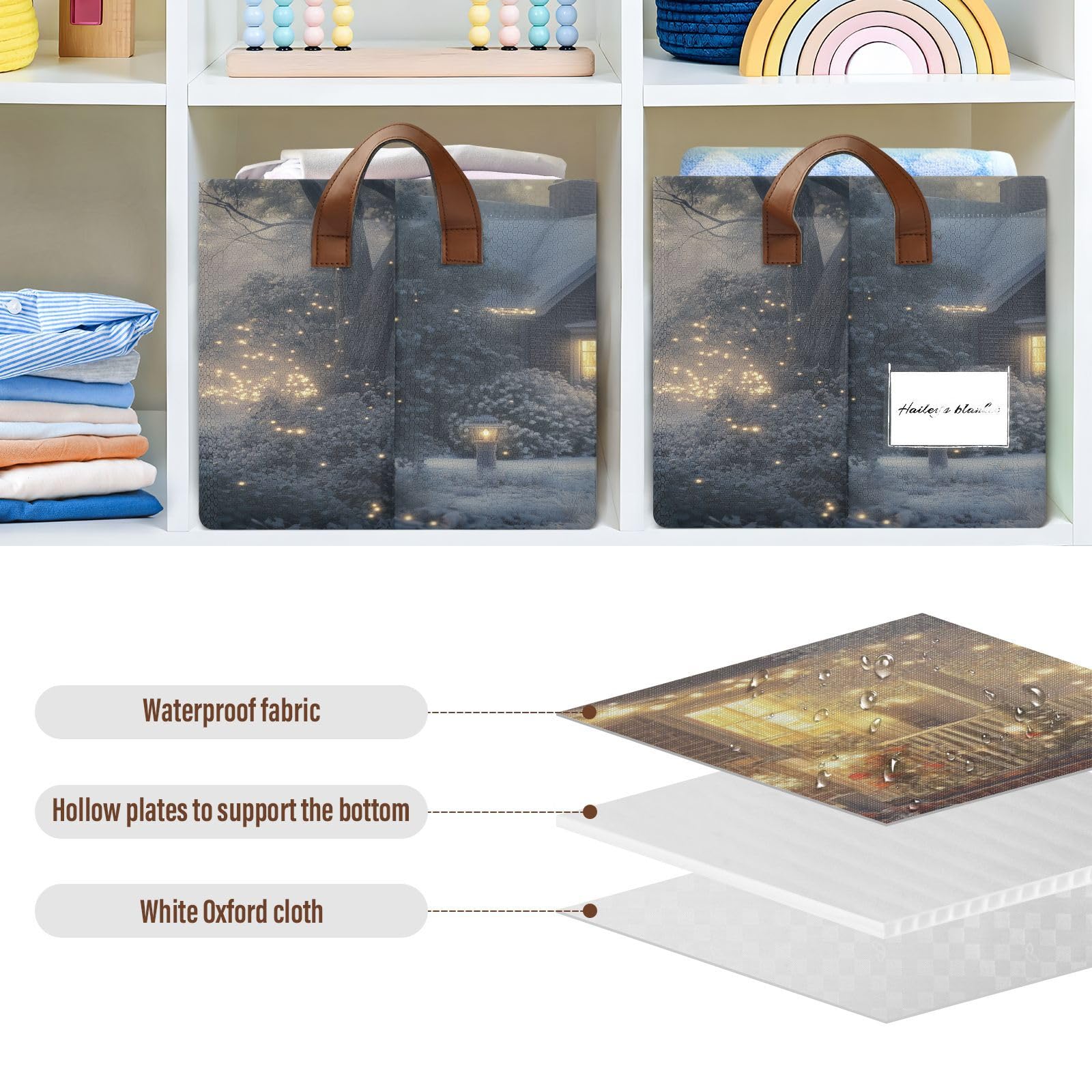 Emelivor Foldable Storage Bins with Handles - Christmas Winter Home Organization Baskets for Shelves, Nursery & Closet - Space Saving Rectangular Storage Cubes for Holiday Decor, Toys & Clothes
