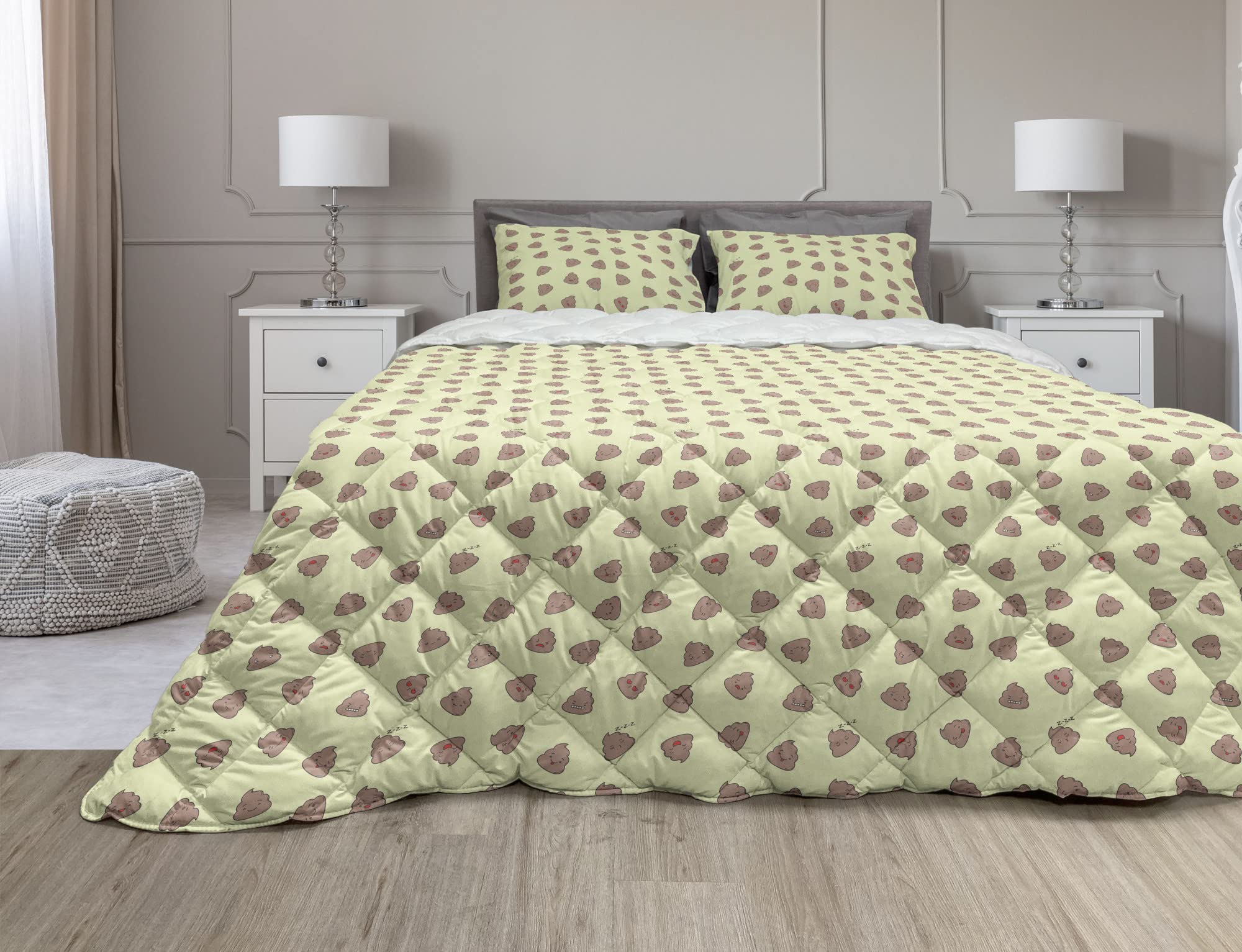 Ambesonne Funny Poop Emoticon Comforter Set - Kawaii Style Cartoon Duvet Cover with Microfiber Filling, Twin Size in Pale Yellow & Warm Taupe - Perfect for Kids' Rooms, Teen Bedrooms & Whimsical Home Decor