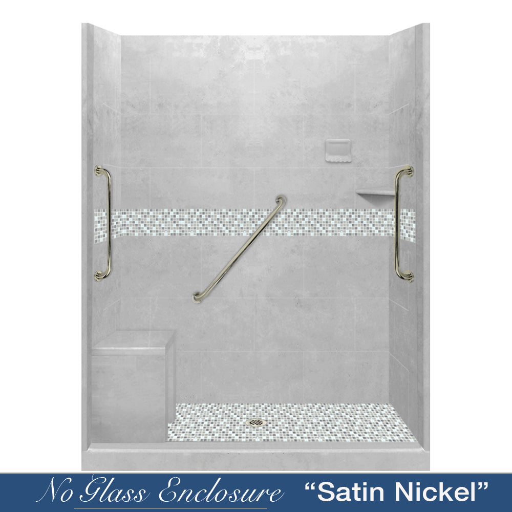 Freedom 60 Alcove Shower Remodel Kit with Portland Cement Sistine Stone & Del Mar Mosaic Accent - DIY Bathroom Upgrade for Modern Home Renovation