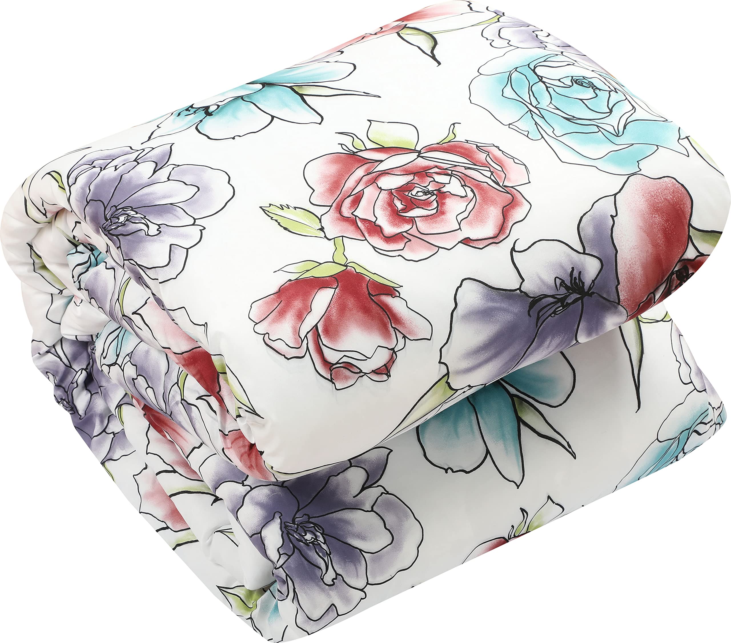Queen Size White Floral Comforter Set - 7 Piece Microfiber Bedding Collection with Comforter, Pillow Shams, and Bed Skirt | Soft & Breathable for All Seasons | Perfect for Master Bedroom, Guest Room, and Vacation Homes