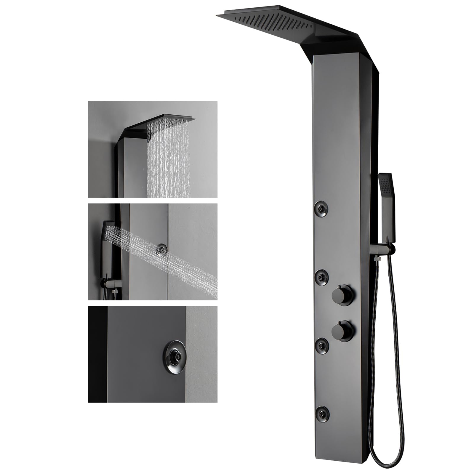 BWE Stainless Steel Shower Panel Tower System - 3-in-1 Multi-Function Shower Panel with Rainfall Shower Head, Body Jets & Handheld Spray - Wall Mount Matte Black Shower Column for Spa-Like Bathroom Experience