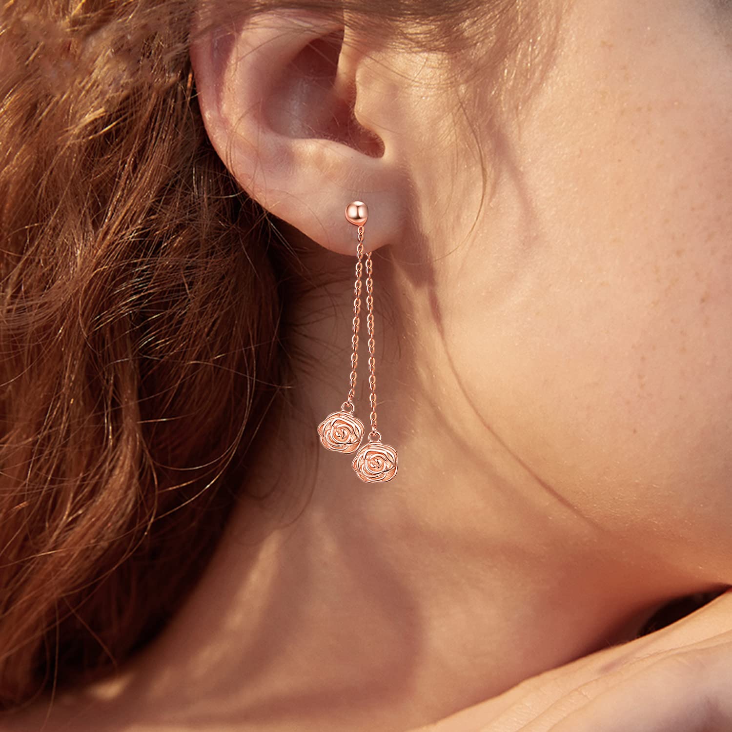 Sterling Silver Rose Dangle Earrings for Women - Elegant Double Long Chain Drop Earrings, Perfect Valentine's Day Gift, Birthday Present & Anniversary Jewelry - Ideal for Date Nights, Weddings and Special Occasions