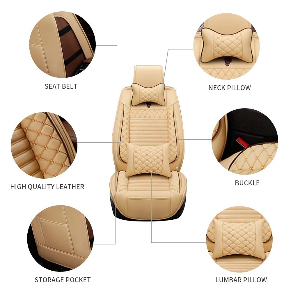 Premium PU Leather Car Seat Covers - Waterproof, Non-Slip, Airbag Compatible for Most Cars & SUVs (5-Piece Set with Pillows, Beige) - Perfect for Daily Commute, Road Trips & Family Travel