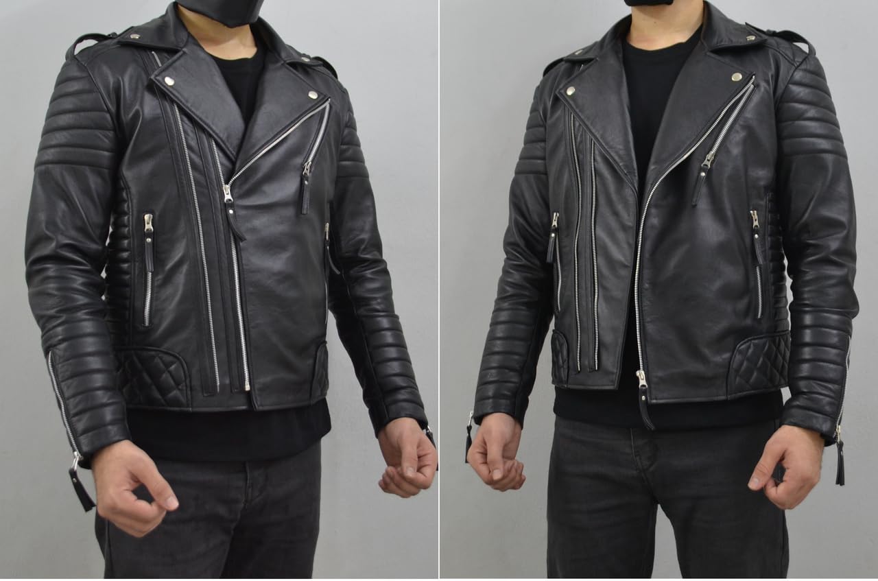 Men's Real Lambskin Leather Jacket - Slim Fit Biker Motorcycle Jacket for Men - Lightweight Black Leather Jacket for Riding, Casual Wear & Outdoor Adventures