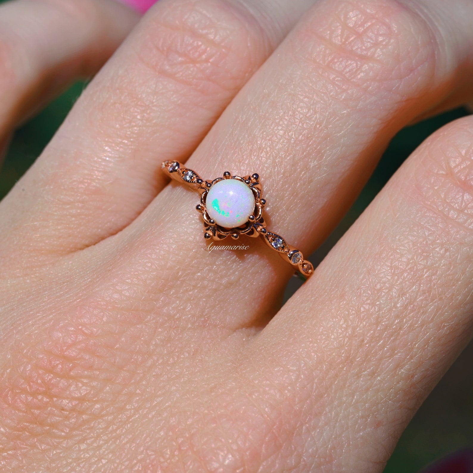 Natural Australian Opal Ring 14K Rose Gold Vermeil - Elegant Handmade Jewelry for Women, Perfect for Weddings, Anniversaries & Special Occasions
