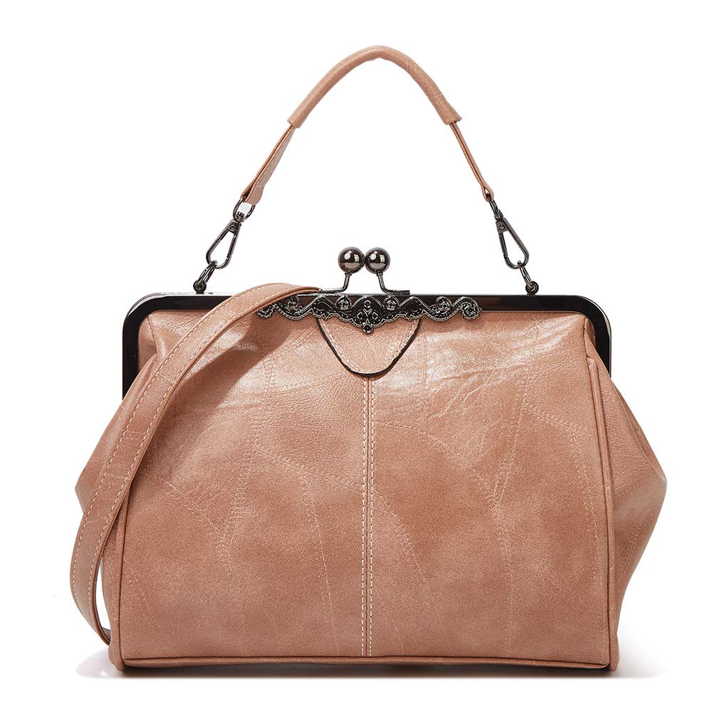 Vintage Kiss Lock Handbags for Women - Genuine Oil Leather Evening Clutch Purse with Detachable Chain, Retro Satchel Tote for Parties, Weddings & Special Occasions