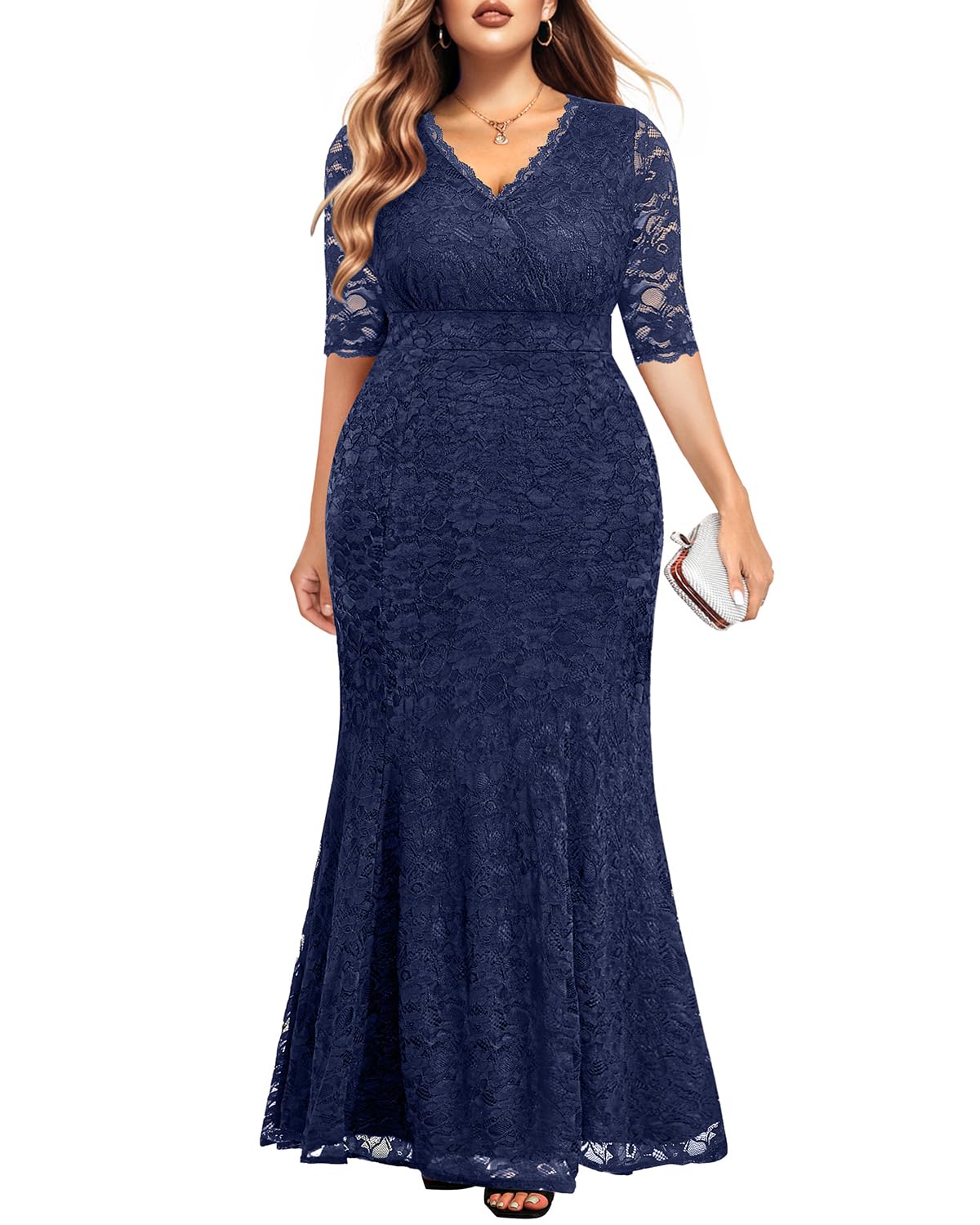Plus Size Wedding Dresses for Bride - Elegant Mermaid Formal Evening Gown with Wrap Neck & Lace Details | Perfect for Beach Weddings, Vow Renewals & Special Occasions