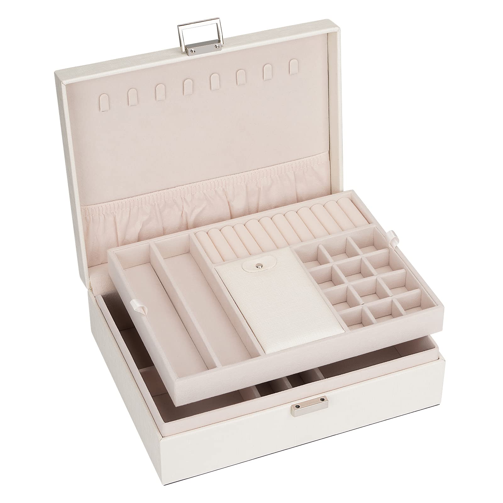 Double Layer Large Jewelry Organizer Box for Women & Girls - Travel Jewelry Case with Mirror & Gift Box (White) - Perfect for Home Storage, Travel & Gifting