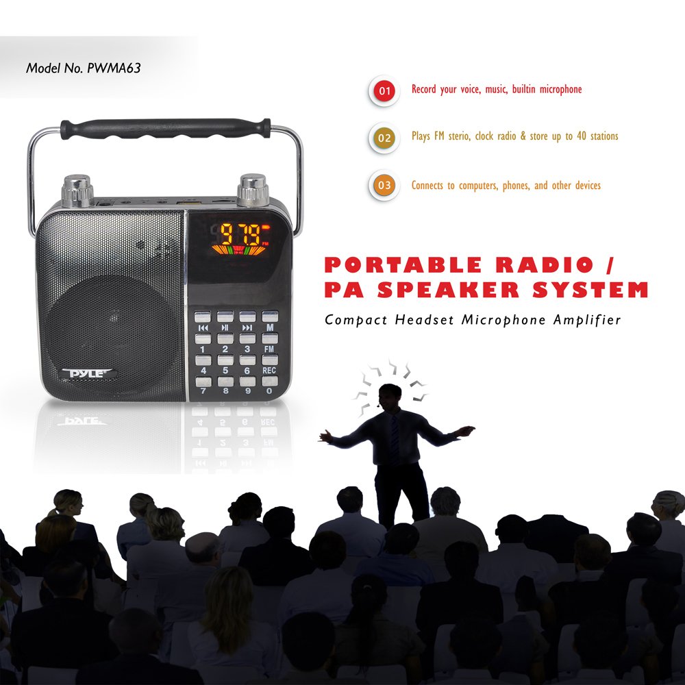Pyle PWMA63 Portable Lightweight Headset Microphone with Voice Amplifier & FM Radio - Digital LCD Display, USB/SD Card Slot - Perfect for Teachers, Presentations, Karaoke, Tour Guides, Public Speaking & Outdoor Events
