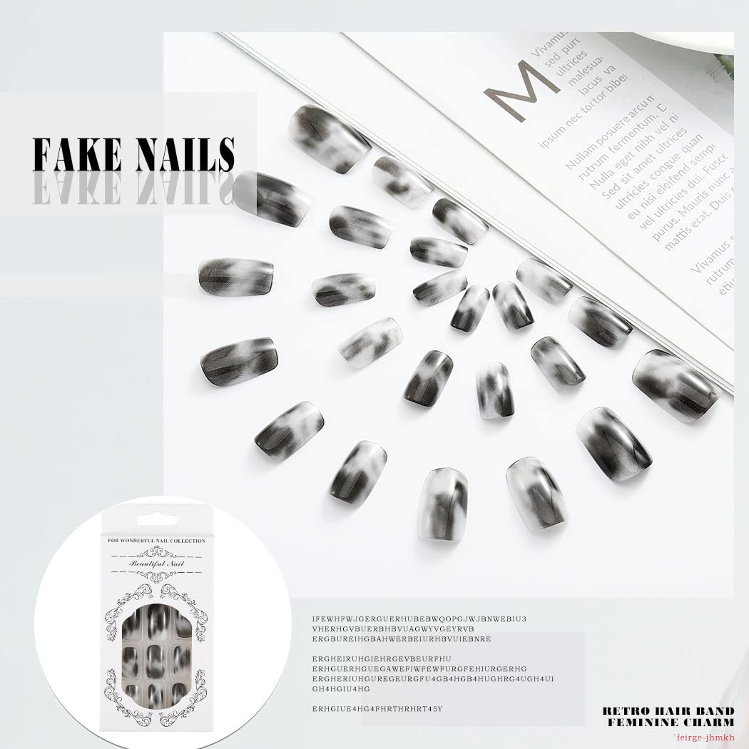 Florry Medium Square Press on Nails - 24PCS Long Acrylic Gray Fake Nails for Women, Full Cover Artificial Nails for Manicure, Party & Special Occasions