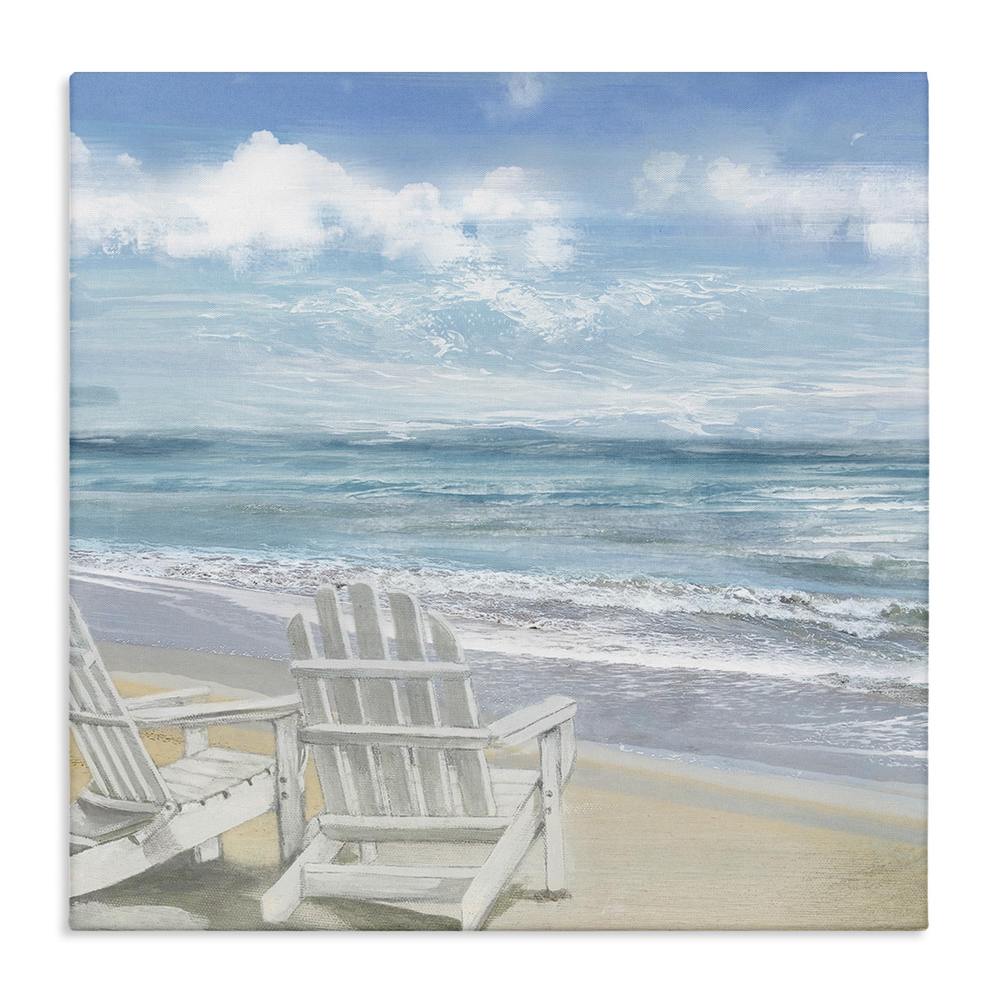 Stupell Industries White Adirondack Chairs Beach Painting Canvas Wall Art - 17x17 Inch Coastal Decor, Made in USA - Perfect for Living Room, Bedroom & Beach House Decor