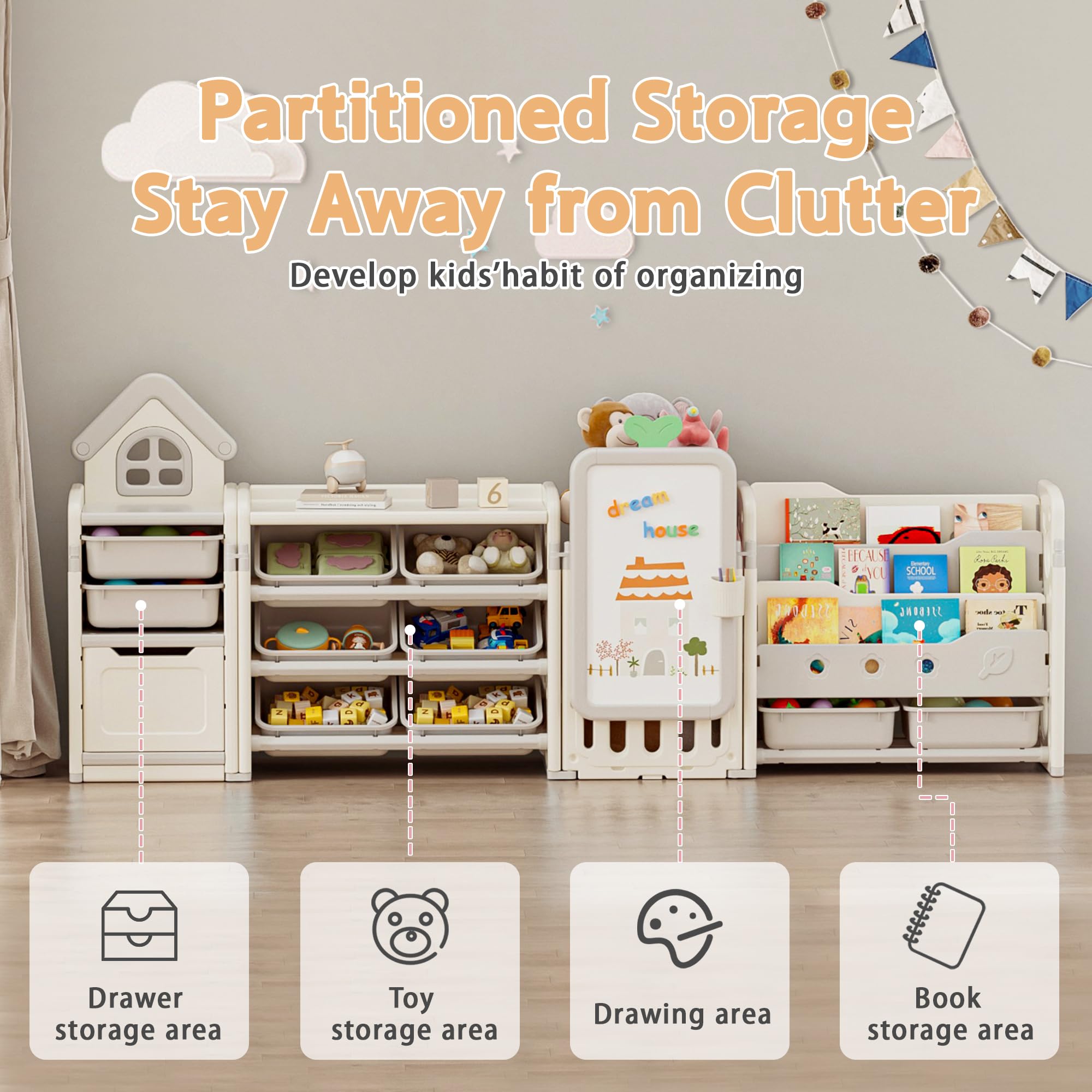 Foldable 3-Tier Kids Toy Storage Organizer with 10 Removable Bins & Bookshelf - Multi-Functional Toy Organizer with Drawing Board & 3 Brushes (4-in-1 Off-White) - Perfect for Playroom, Bedroom & Classroom Organization