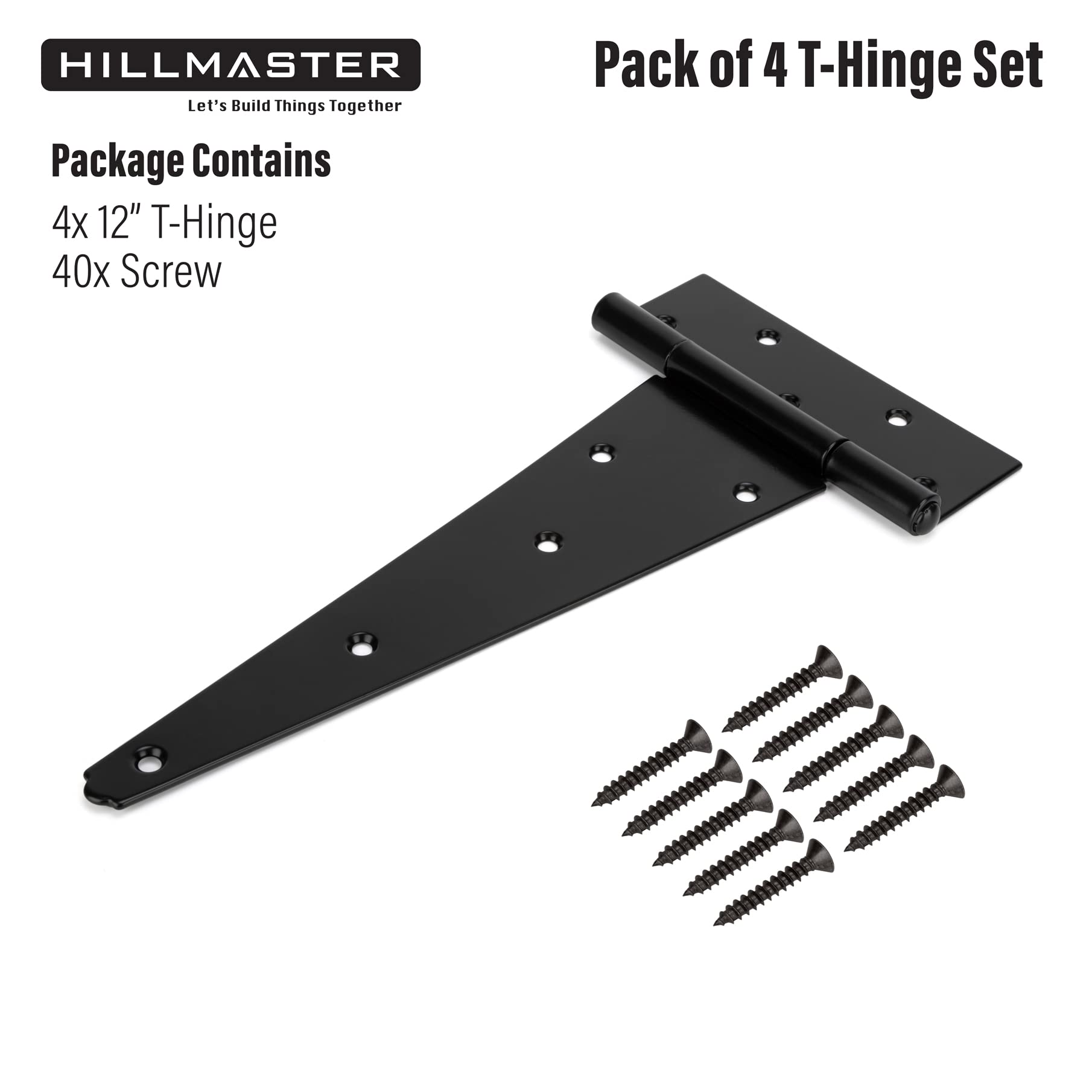 12 Inch Heavy Duty T-Strap Hinges - Black Rustproof Wrought Iron Gate Hinges (4 Pack) for Wooden Fences, Barn Doors, Sheds & Yard Gates - Perfect for Outdoor Use & DIY Projects
