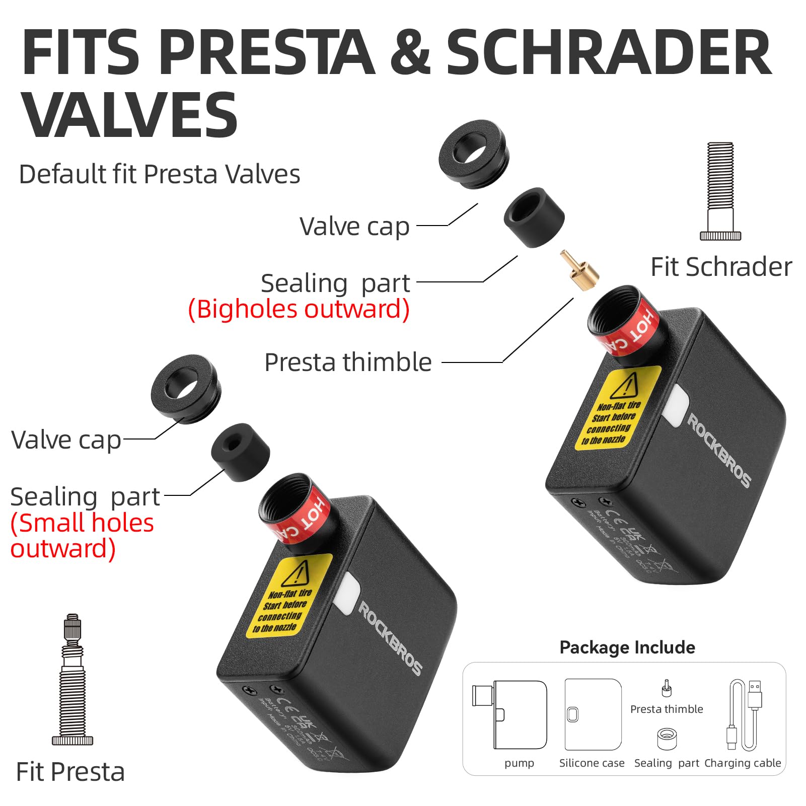 ROCKBROS Mini Electric Bike Tire Pump - 100PSI Portable Air Inflator with 300mAh Battery, Presta & Schrader Valves, Aluminum Alloy - Perfect for Road Bikes, Mountain Bikes, E-Bikes & Commuting