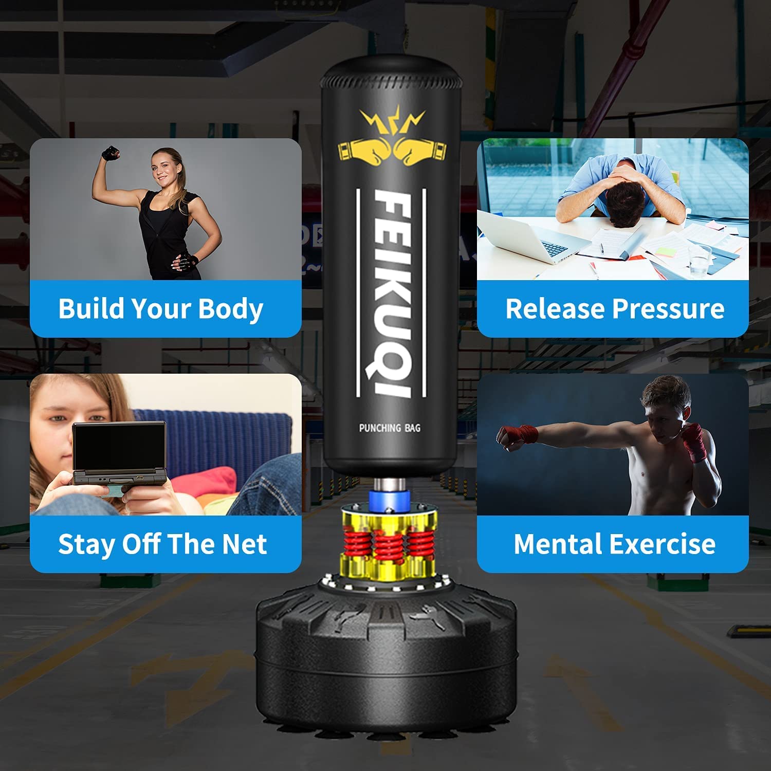 70'' Heavy Duty Boxing Punching Bag with Stand & Base - Professional Kickboxing Bag for MMA, Muay Thai, Home Gym & Fitness Training - Perfect for Adults & Athletes