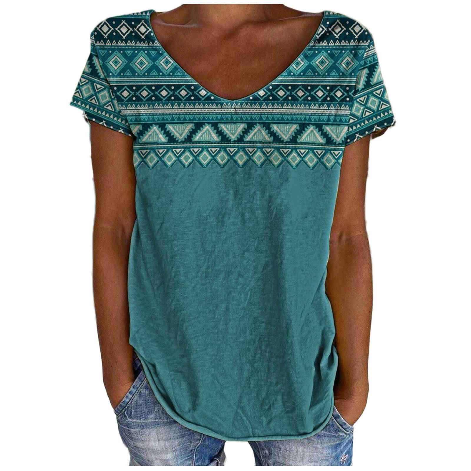 Vintage Print Women's Casual V-Neck Short Sleeve Blouses - Loose Fit Summer T-Shirts & Tops for Everyday Wear, Outings, and Beach Vacations