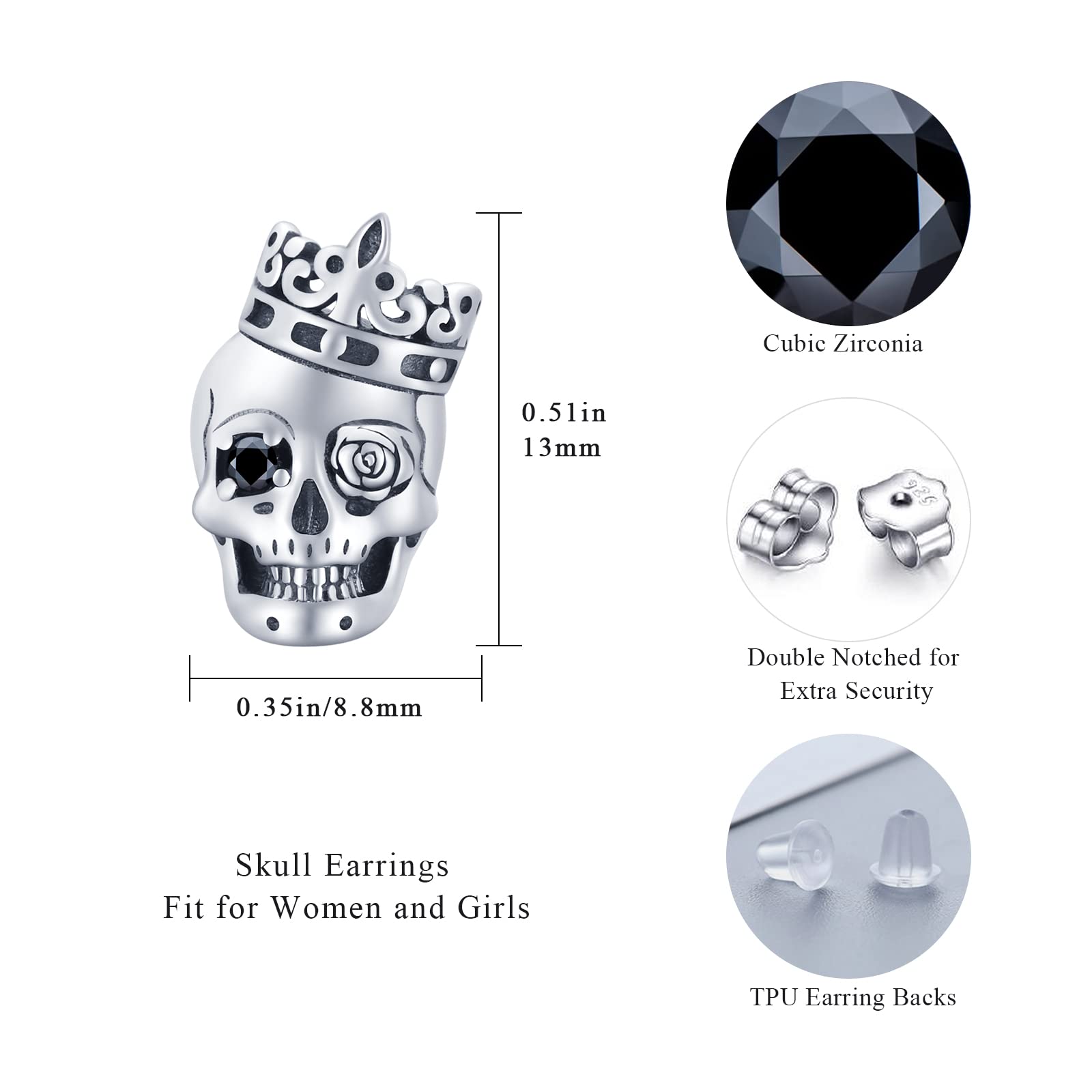 Sterling Silver Skull Flower Stud Earrings with CZ Stones - Gothic Punk Jewelry for Men & Women - Perfect Gift for Father's Day, Mother's Day, Halloween & Alternative Fashion Lovers