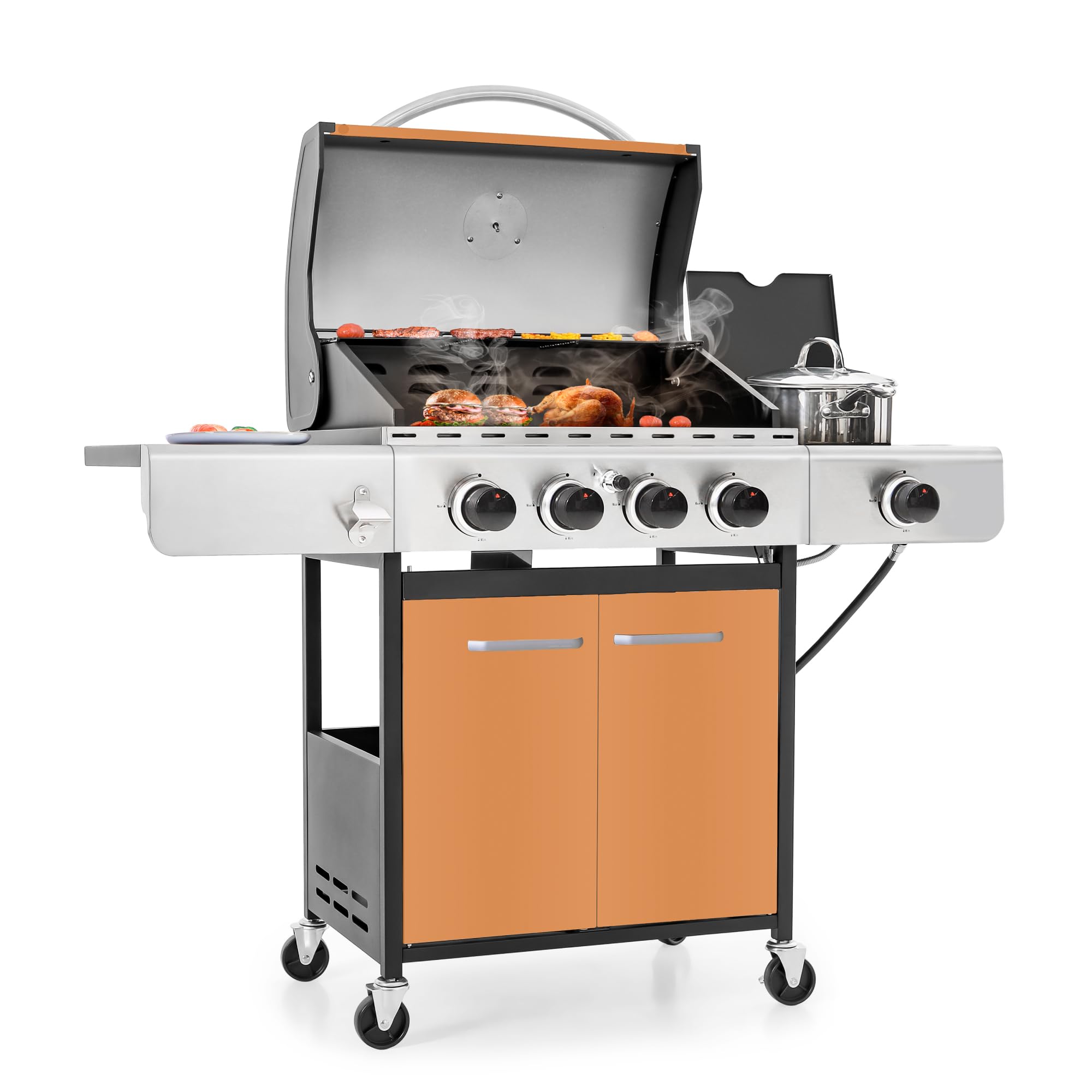 MFSTUDIO 4-Burner Propane Gas Grill - Stainless Steel BBQ Grill with Side Burner & Porcelain-Enameled Cast Iron Grates | High Output Outdoor Cooking for Backyard, Patio, Camping & Tailgating | Gold Finish