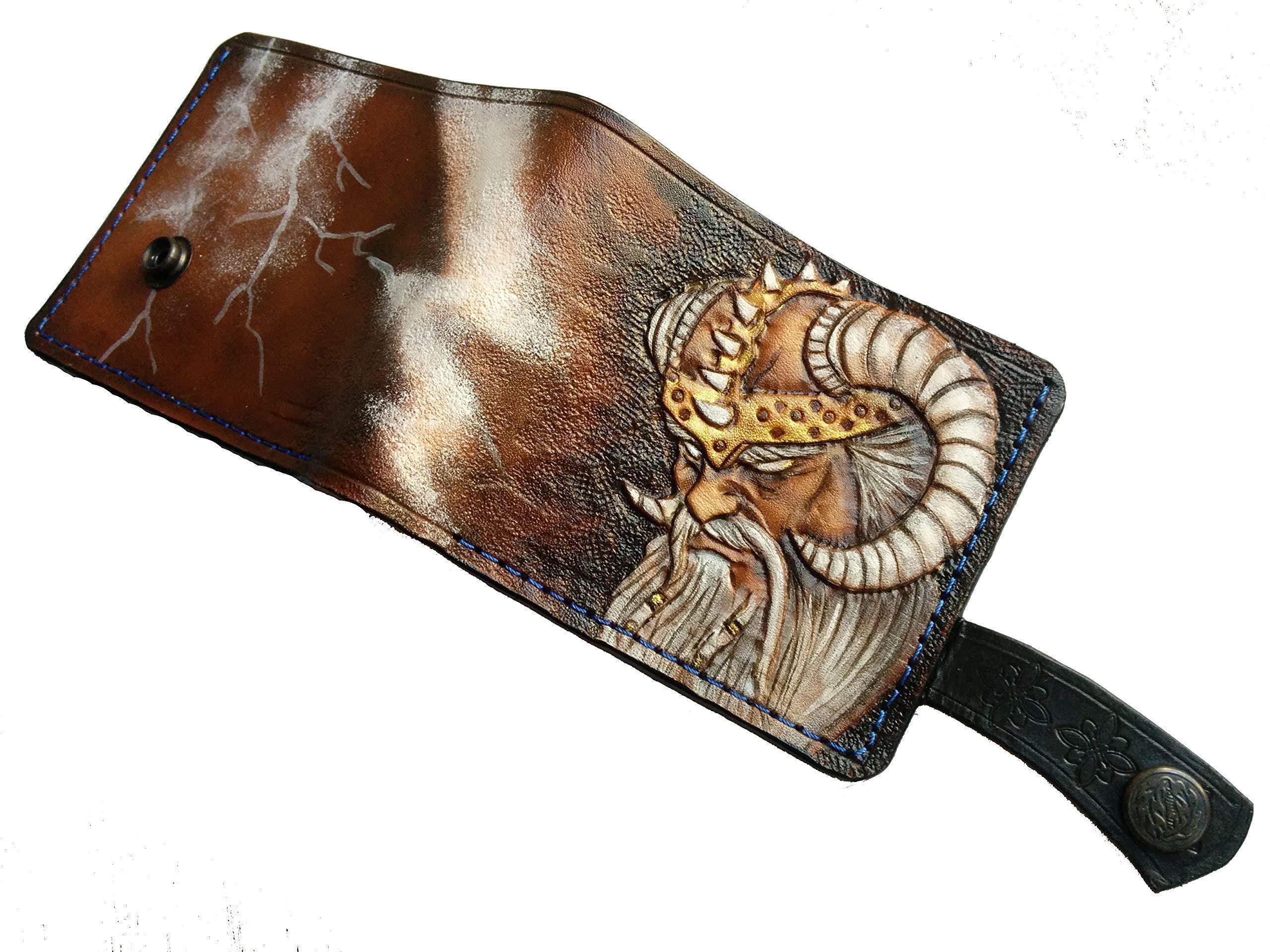 Viking Warrior Odin Raven Norse Mythology Leather Wallet - Nordic Viking Axe & Runic Design RFID Blocking Bifold Wallet for Men - Handmade Genuine Leather Biker Wallet with Celtic Style Embossing - Perfect for Medieval LARP, Cosplay & Viking Enthusiasts