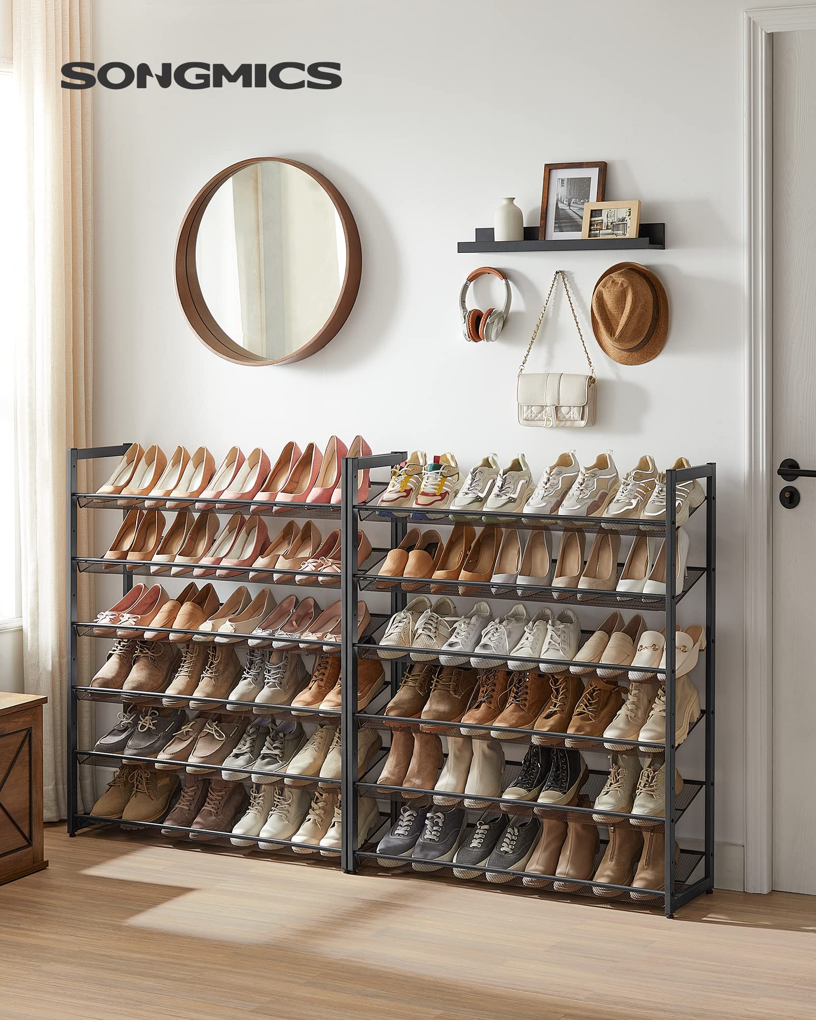 SONGMICS 12-Tier Metal Shoe Rack Organizer - Stackable Shoe Storage Shelf for Entryway, Garage & Closet - Adjustable Flat/Angled Shelves Holds 48-60 Pairs (Set of 2, Black ULMR12B) - Perfect for Small Spaces & Shoe Collection Organization