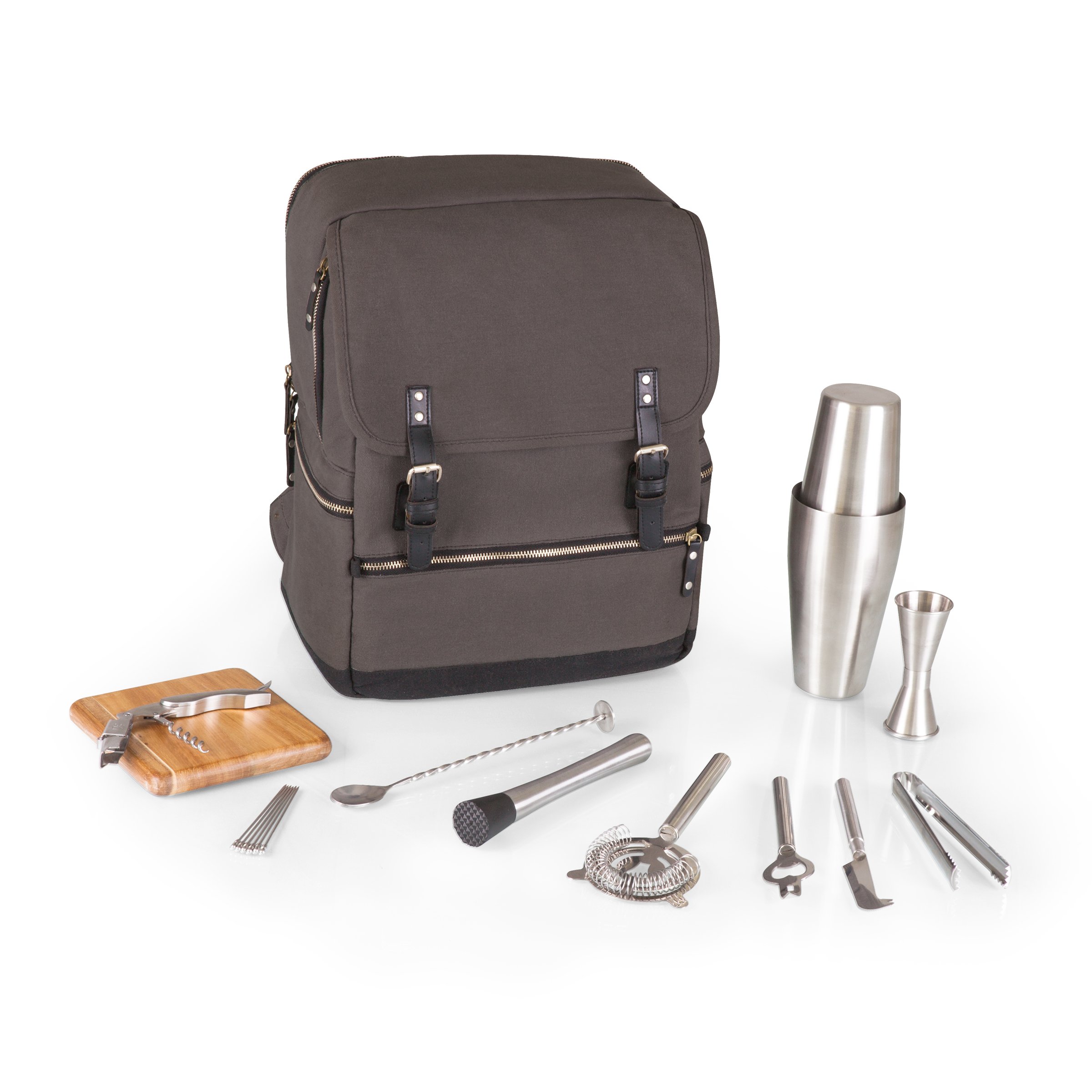 **PICNIC TIME Bar Backpack – 16-Piece Portable Cocktail Set with Cocktail Shaker, Insulated Bar Case (Gray) – Perfect for Outdoor Parties, Camping & Travel**