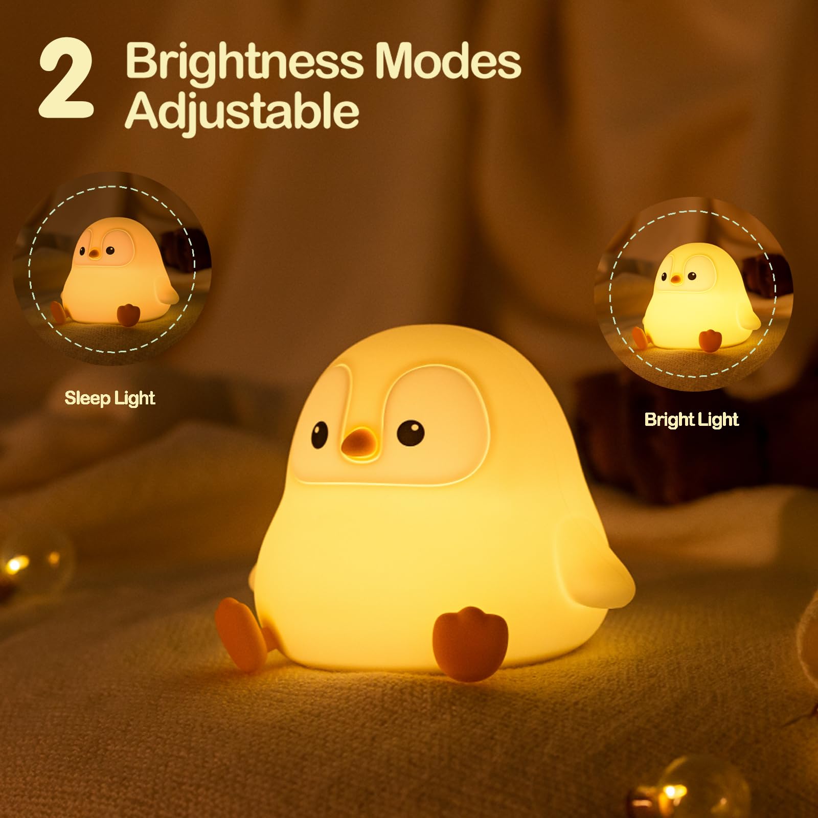 ATSUI Penguin Night Light - LED Squishy Animal Night Lamp with 2-Level Dimmable Brightness, Food Grade Silicone Safe for Kids | Cute Nursery Nightlight for Baby Room, Desk Decor & Funny Gift for Boys Girls | Perfect for Bedtime, Reading Nook & White Elephant Gifts