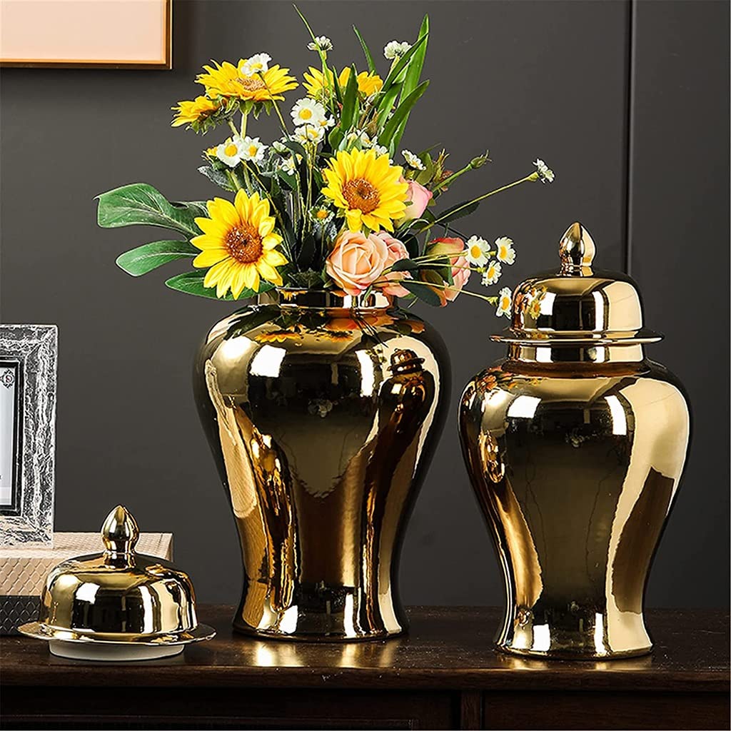 Elegant Gold Ginger Jar - Handcrafted Porcelain Temple Vase with Lid - Large Ceramic Decorative Jar for Home Decor | Perfect for Living Room, Dining Table & Shelf Display