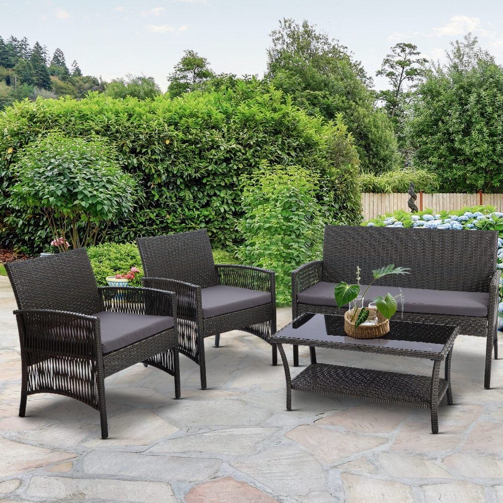 Gardeon 4-Piece Outdoor Patio Furniture Set, Wicker Dining Table and Chairs, Gray - Perfect for Backyard, Garden, and Poolside Relaxation