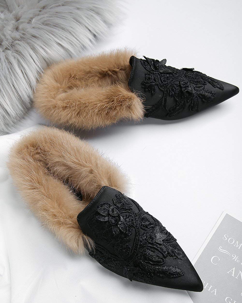 Fericzot Women's Slip On Loafers - Embroidered Mule Shoes with Plush Lamb Fur, Velvet Backless Slippers, Pointed Toe Slides | Comfortable House Shoes for Women, Perfect for Indoor Relaxation, Lounging & Casual Wear