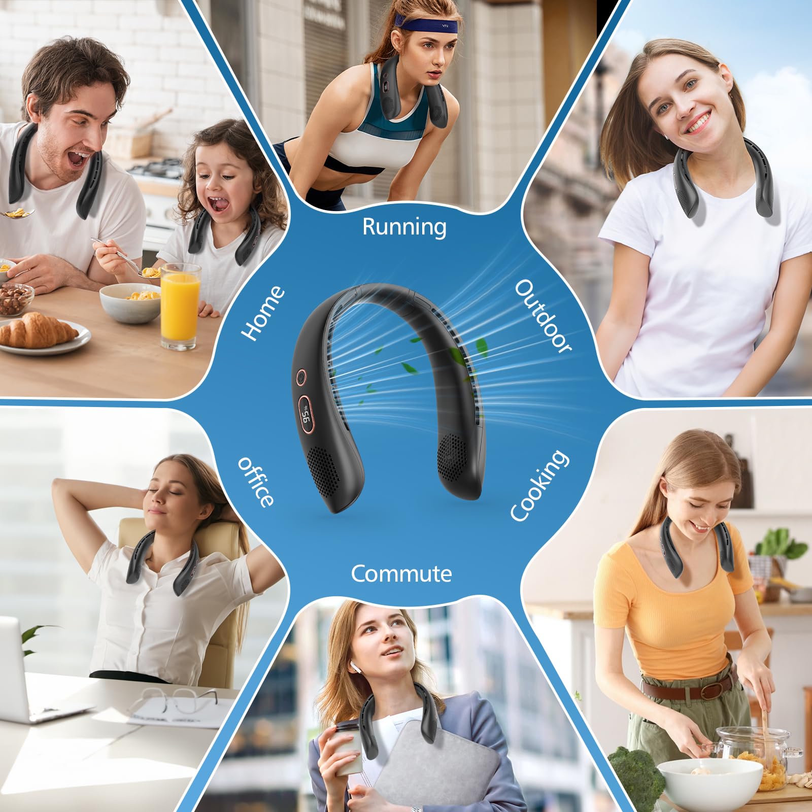 YAZEKY Bladeless Neck Fan - USB Rechargeable Cooling Fan with 360° Airflow, 3 Speed Settings & LCD Display - Hands-Free Wearable Fan for Men, Teachers - Perfect for Outdoor Activities, Travel, Gym, and Office Use