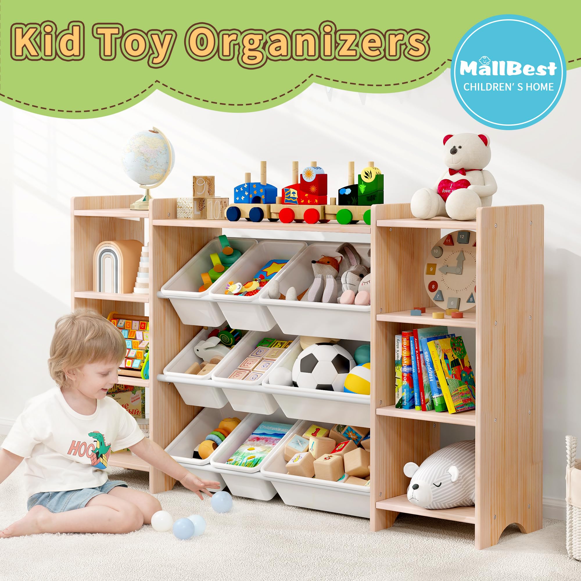 MallBest 4-Tier Kids Toy Storage Organizer Shelf - 100% Solid Wood Extra Wide Children's Storage Cabinet with 9 Plastic Bins & 6 Storage Ports | Perfect for Playroom, Bedroom & Classroom Organization